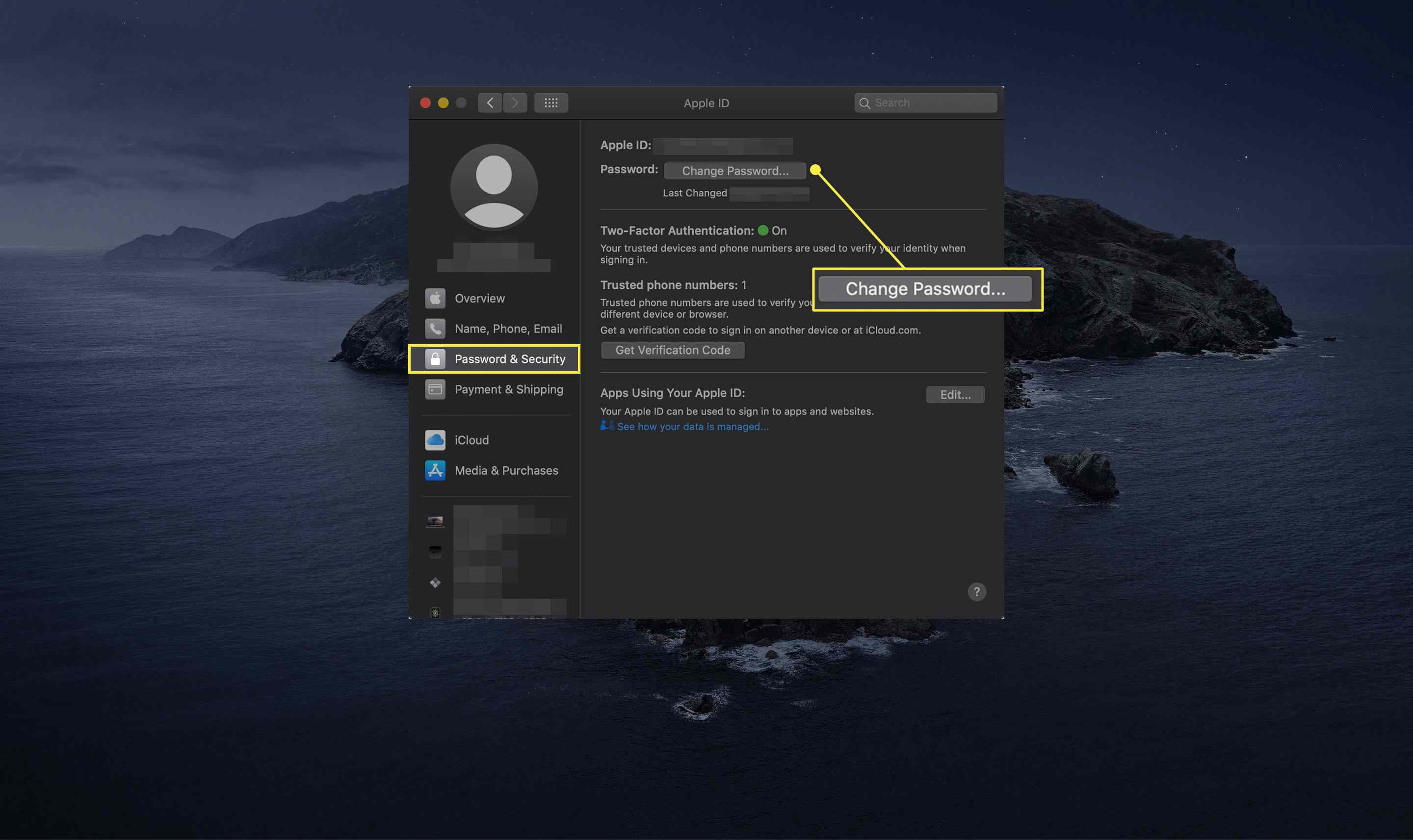 Tlačítko „Změnit heslo“ v systému macOS Catalina