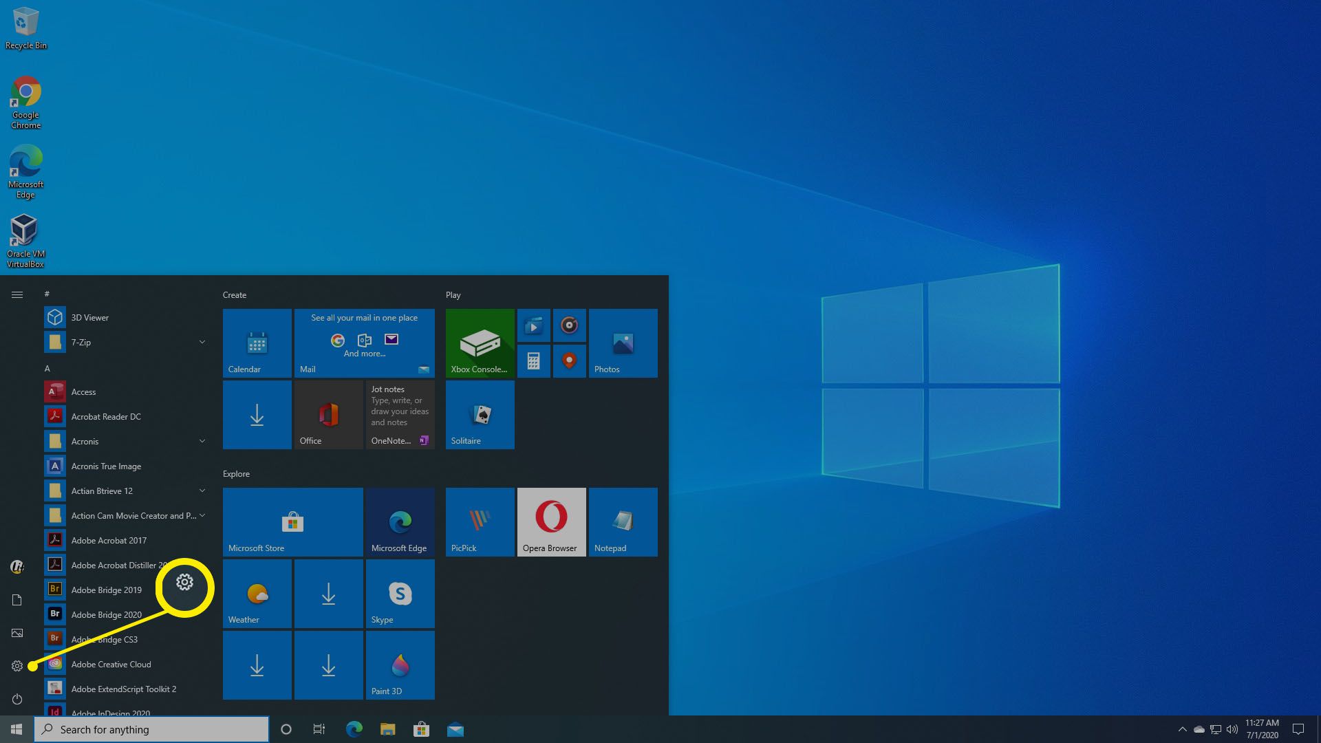 Otevřete nabídku Start a výběrem ozubeného kola otevřete Nastavení systému Windows.