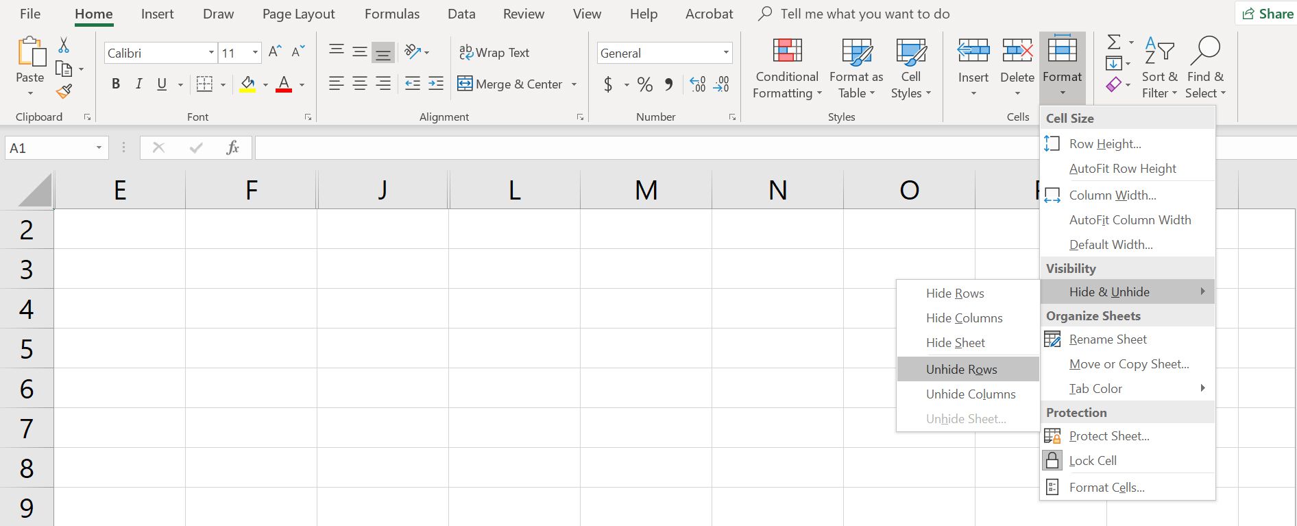 Tabulka aplikace Excel s Unhide Rows vybranou z nabídky Format