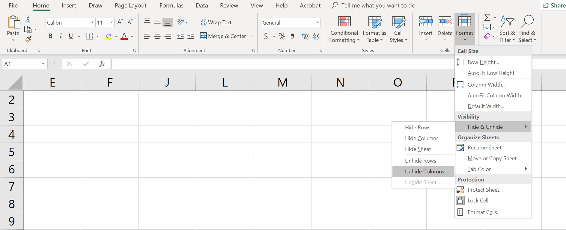 Tabulka aplikace Excel s vybráním možnosti Zobrazit sloupce v nabídce Formát