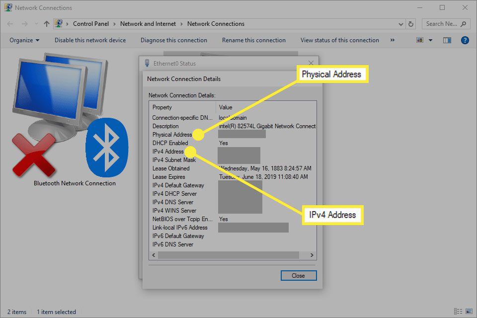 Fyzická adresa a adresa iPv4 v ovládacím panelu systému Windows.