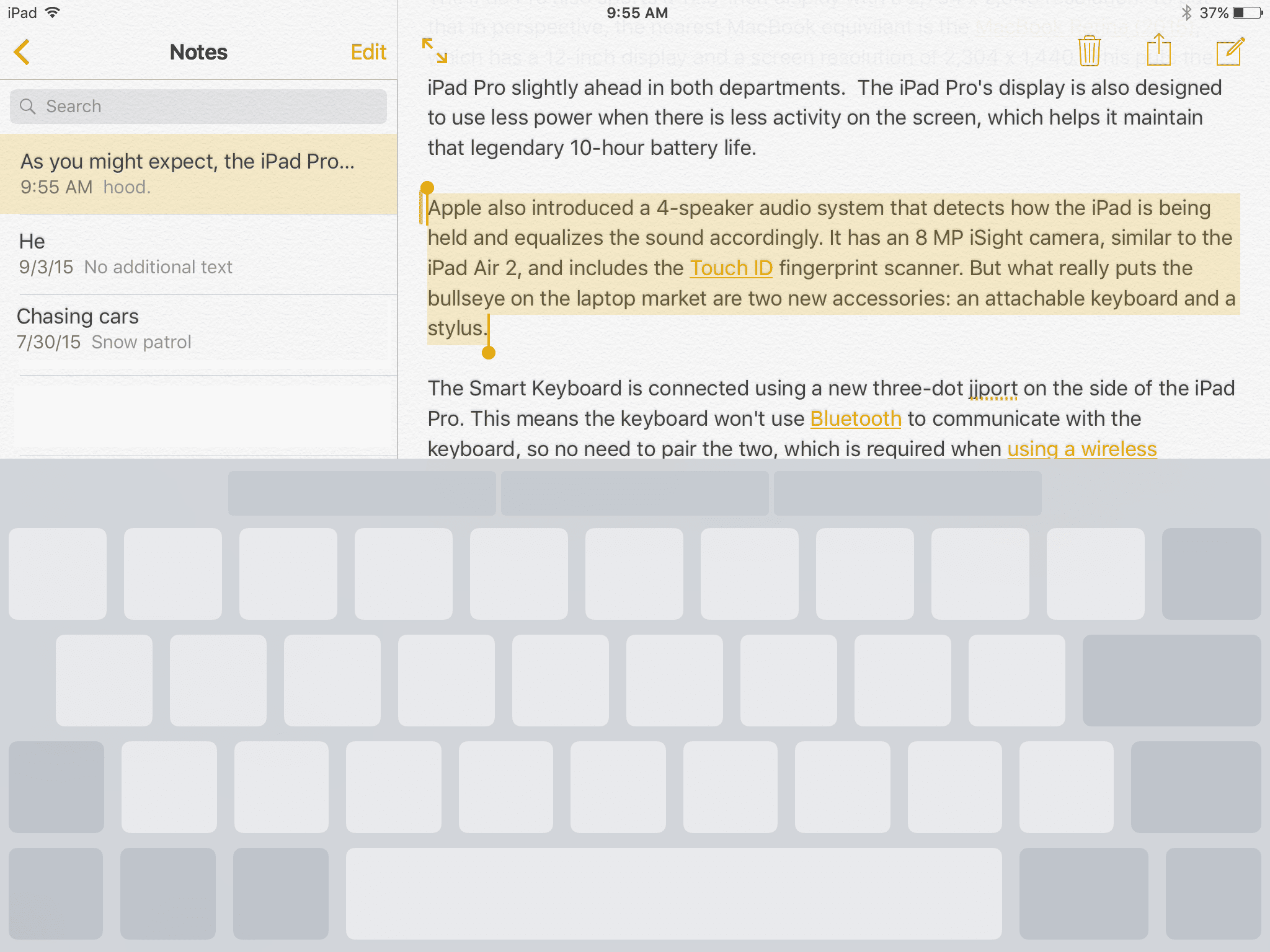 Používání klávesnice na obrazovce v iOS Notes