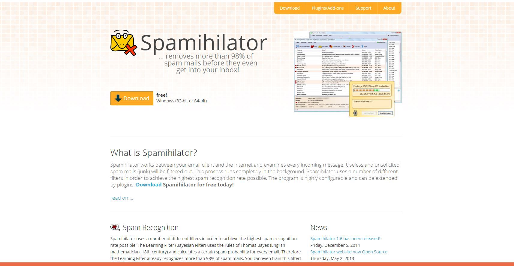 Screenshot antispamového doplňku Spamihilator pro Outlook