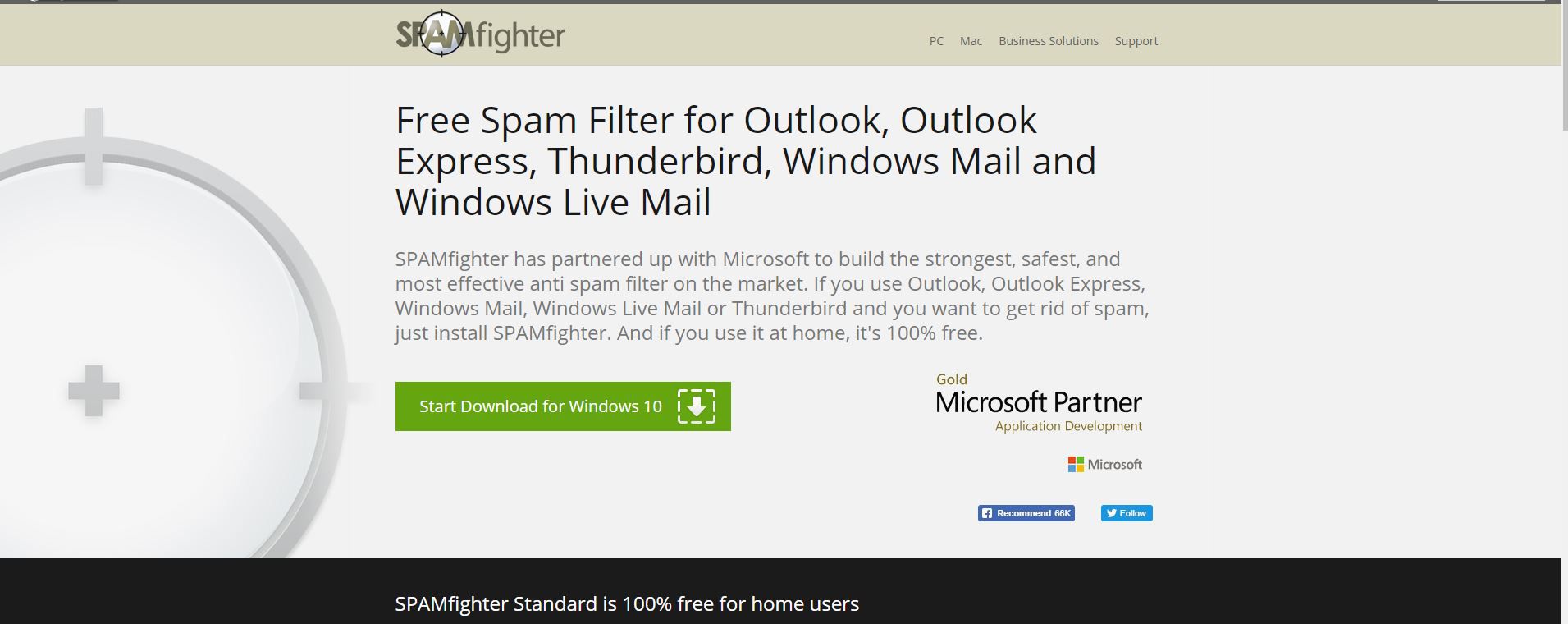 Screenshot antispamového doplňku SPAMfighter pro Outlook