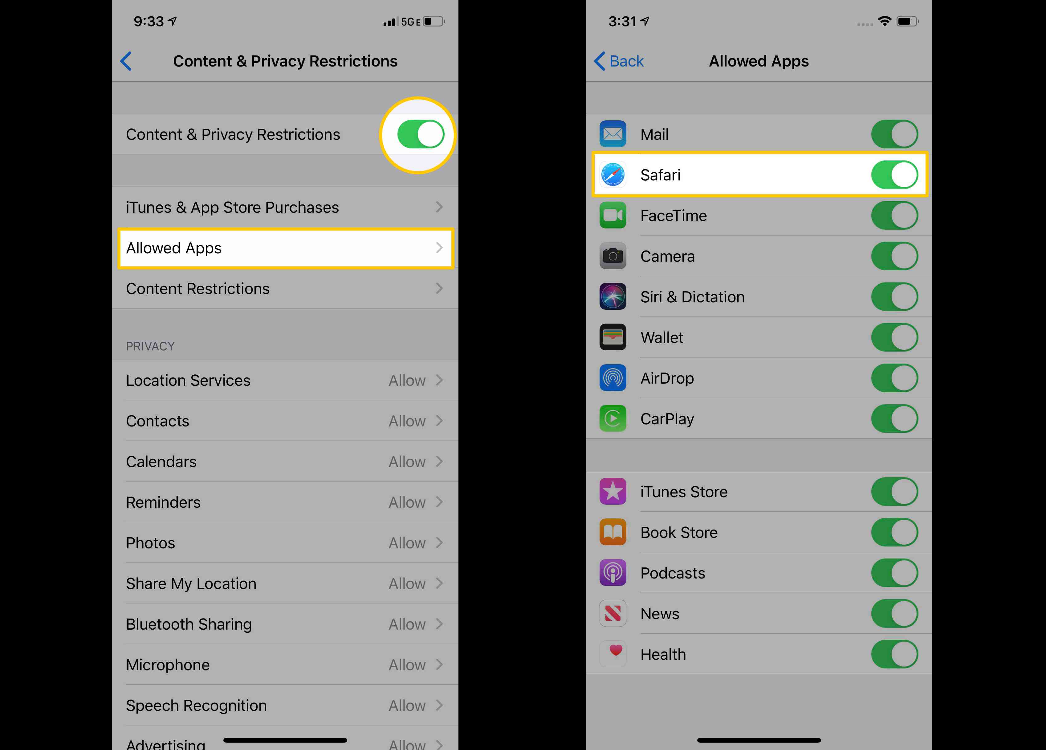 Screenshoty ukazující, jak zakázat Safari v ovládacích prvcích času obrazovky iPhone.