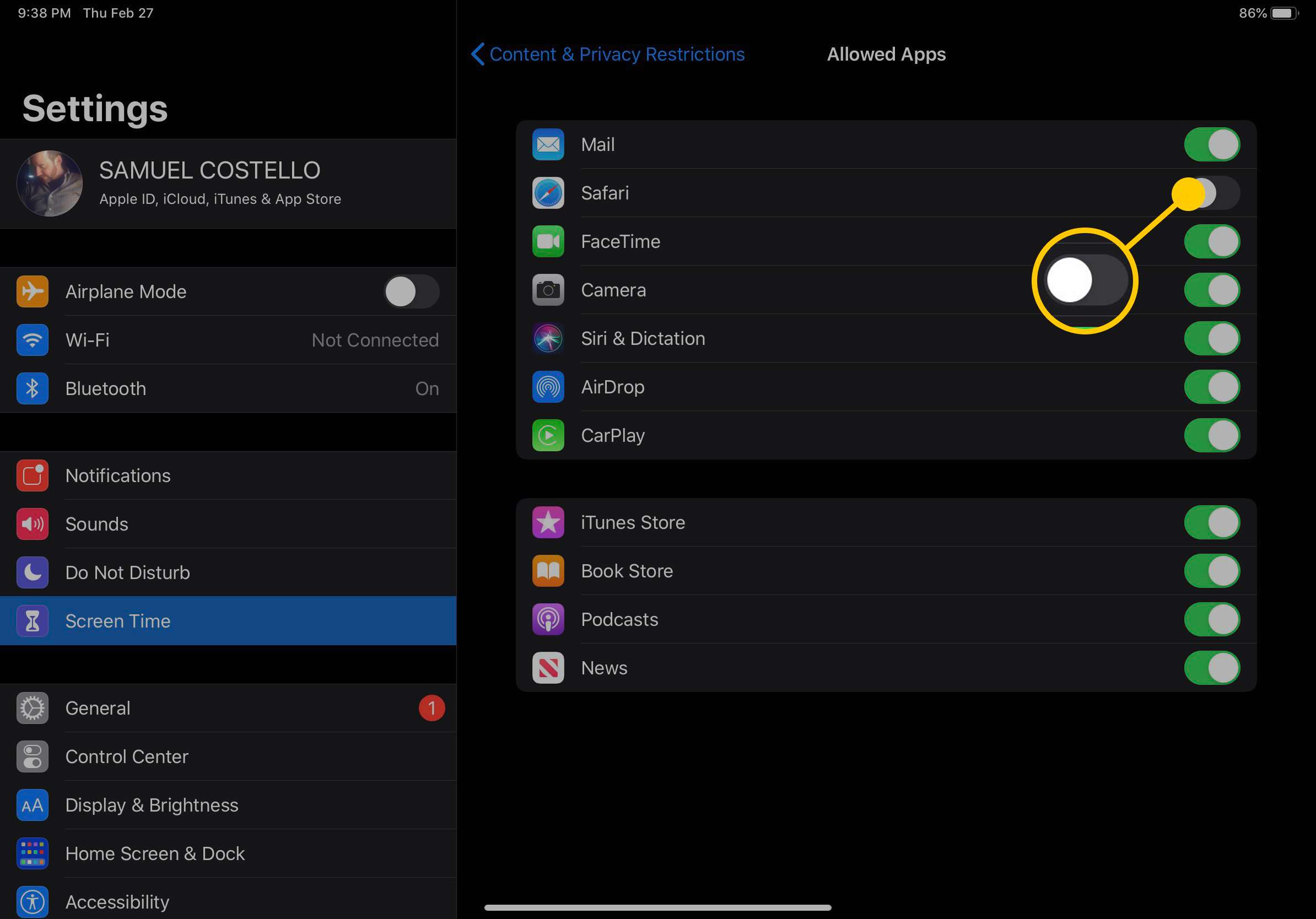 Screenshot nastavení povolených aplikací pro iPad