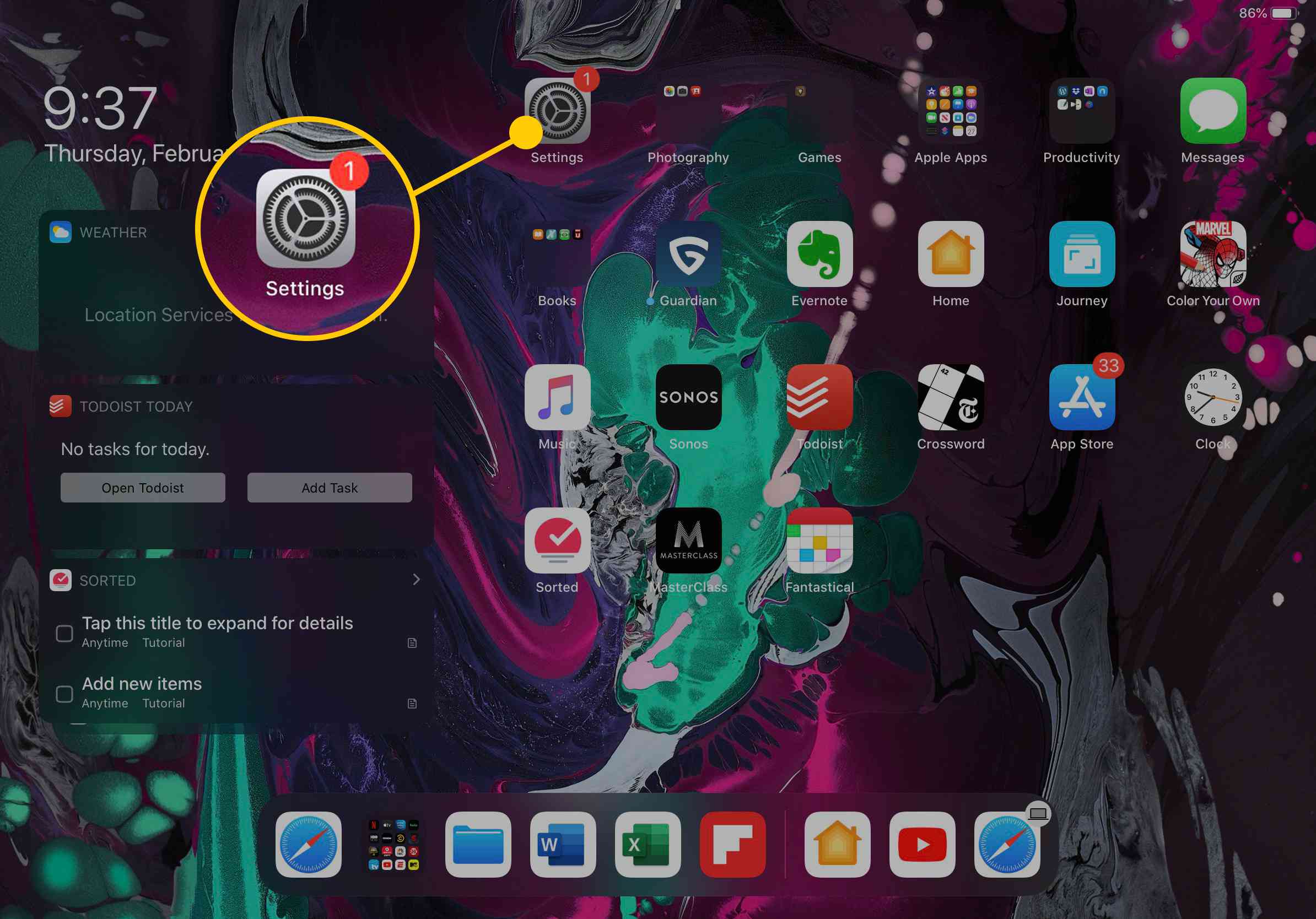 Screenshot domovské obrazovky iPadu s aplikací Nastavení.