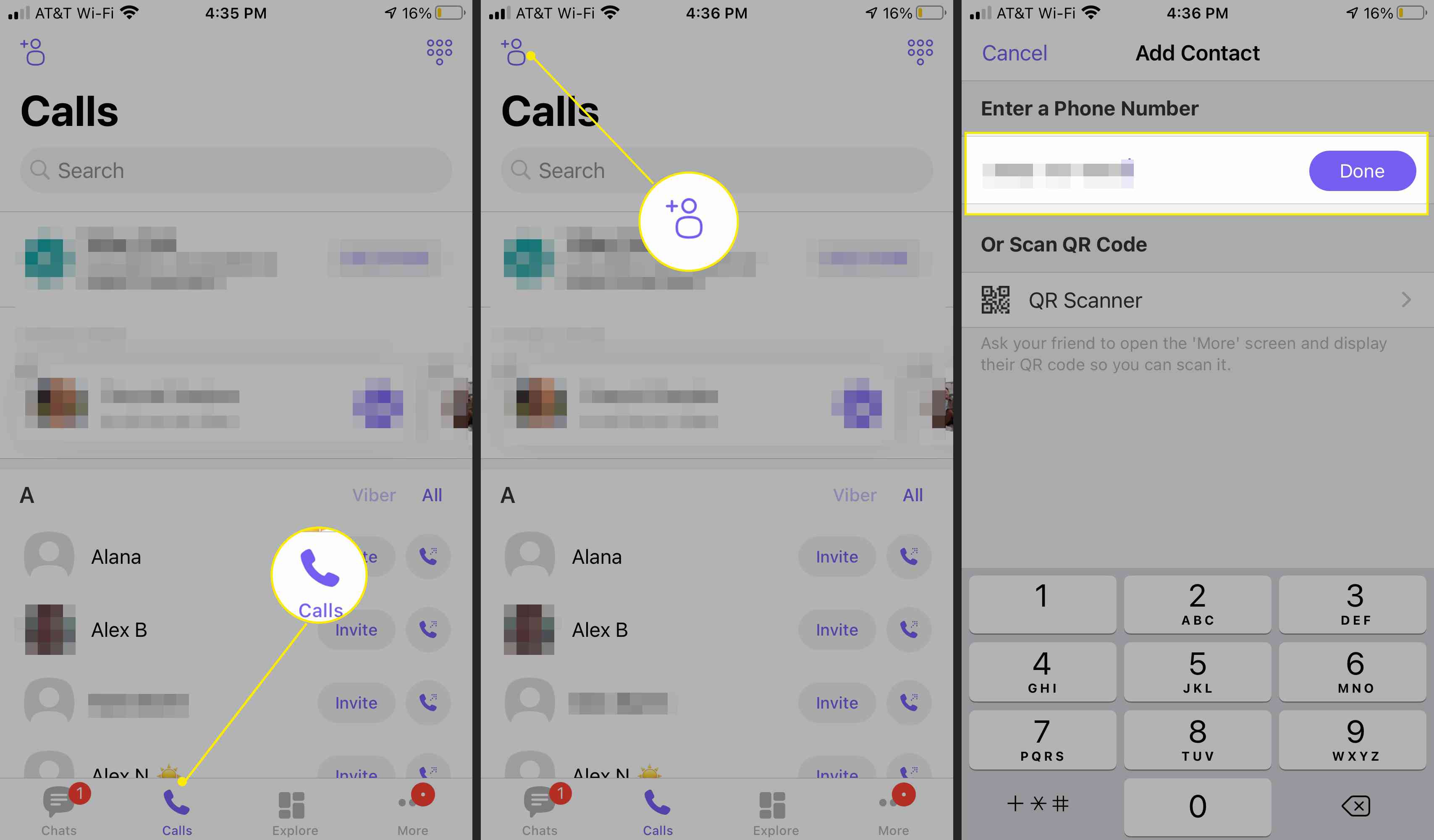 Obrazovky aplikací Viber jsou zvýrazněny „Hovory“, „Přidat kontakt“ a Hotovo