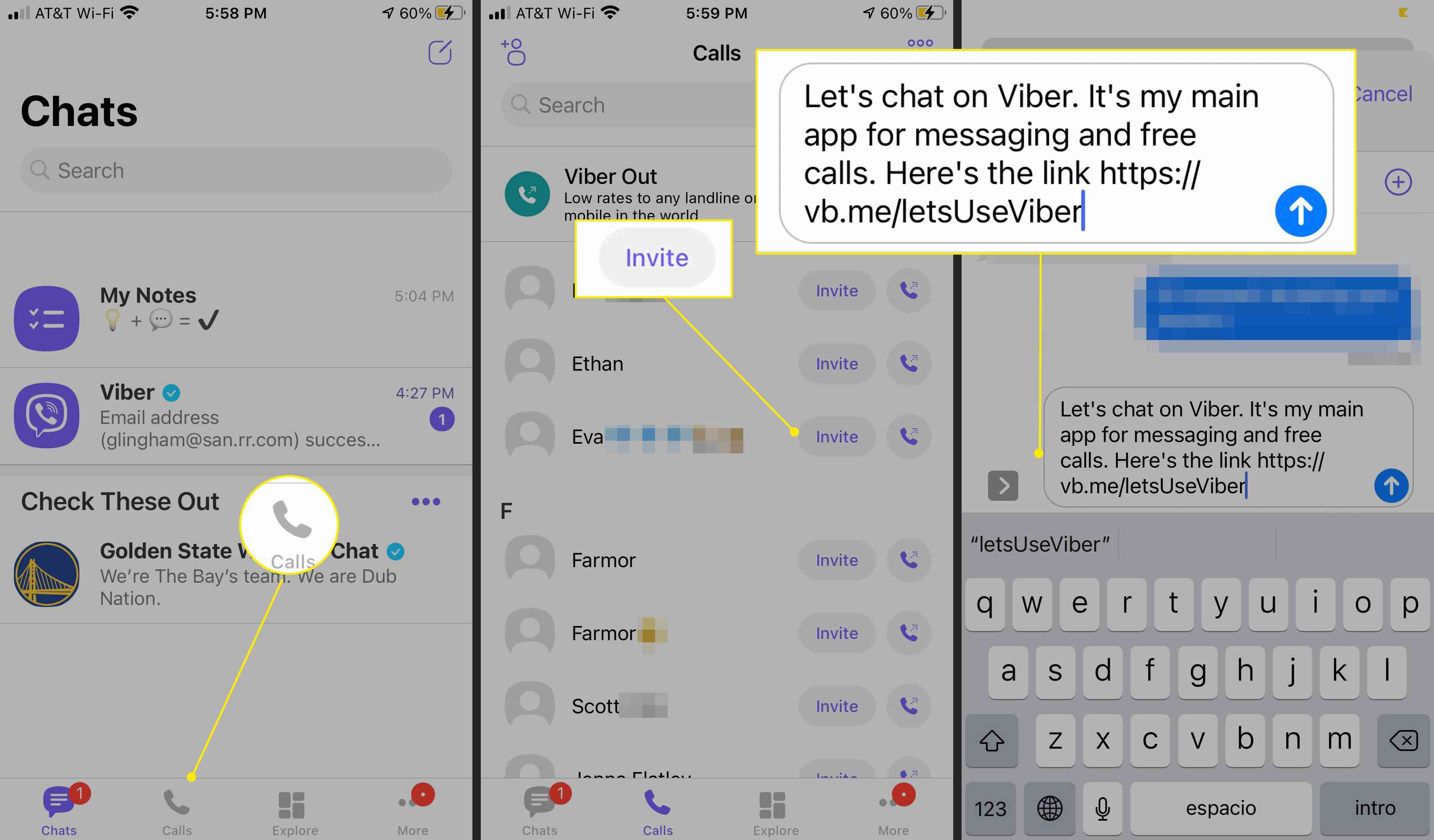 Obrazovka aplikace Viber ukazující, jak poslat pozvánku aktuálnímu kontaktu