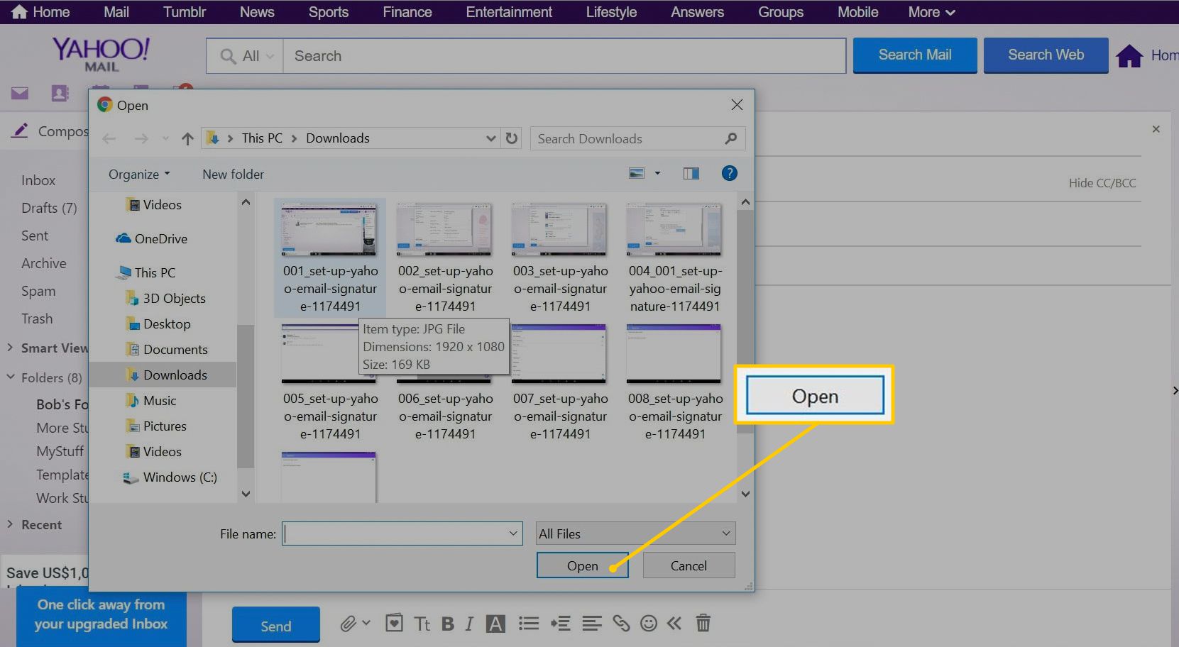 Tlačítko Otevřít v dialogovém okně Příloha Yahoo Mail