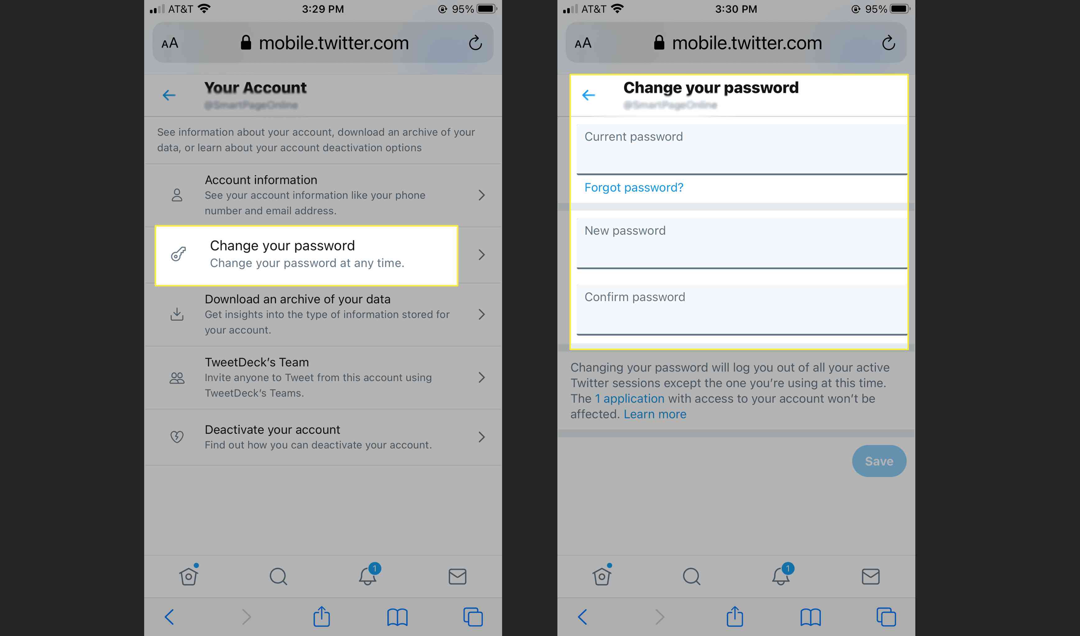 Twitter - změna hesla na mobilním webu
