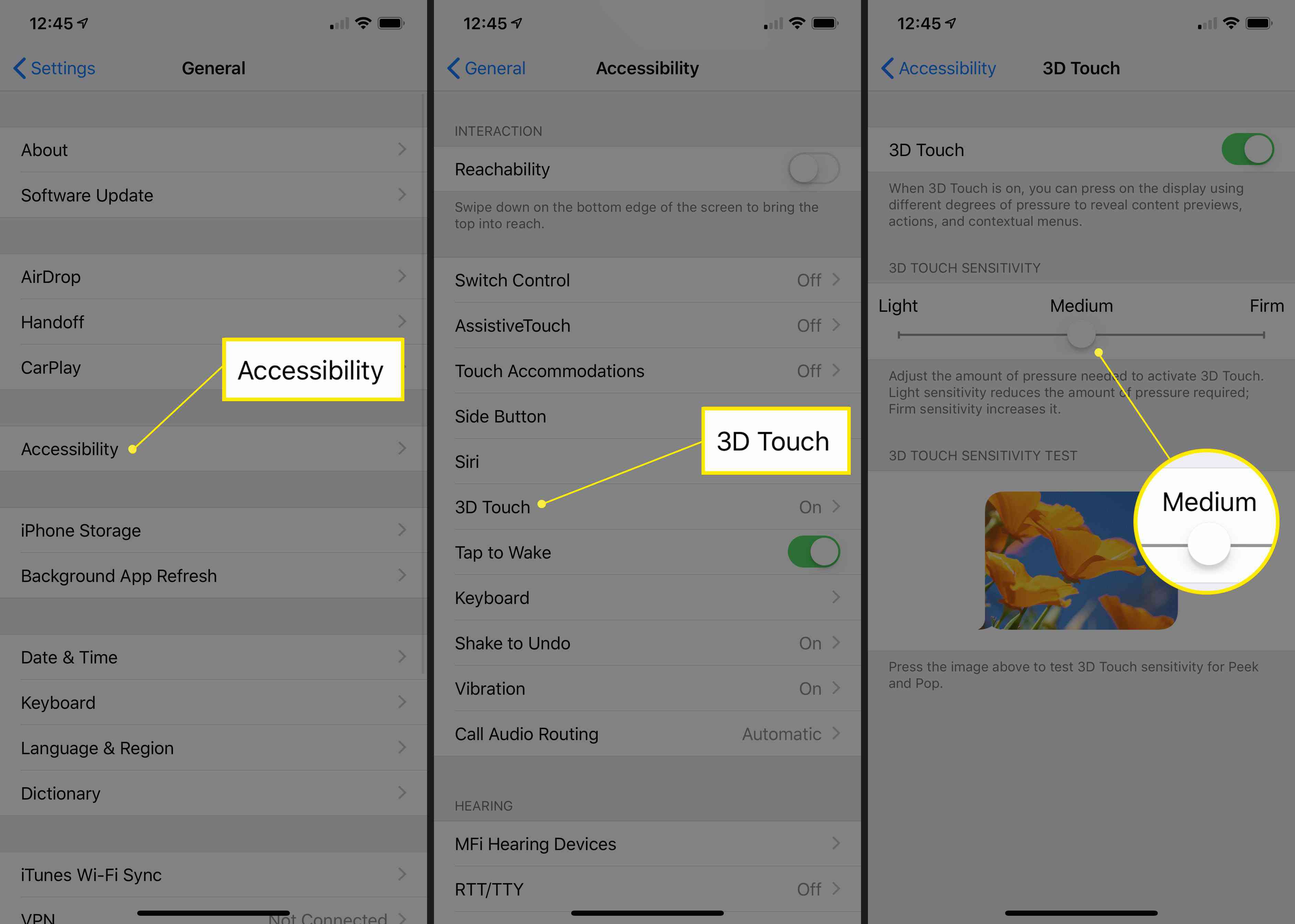 Posuvník Obecné, Přístupnost, 3D Touch a 3D Touch v nastavení iOS