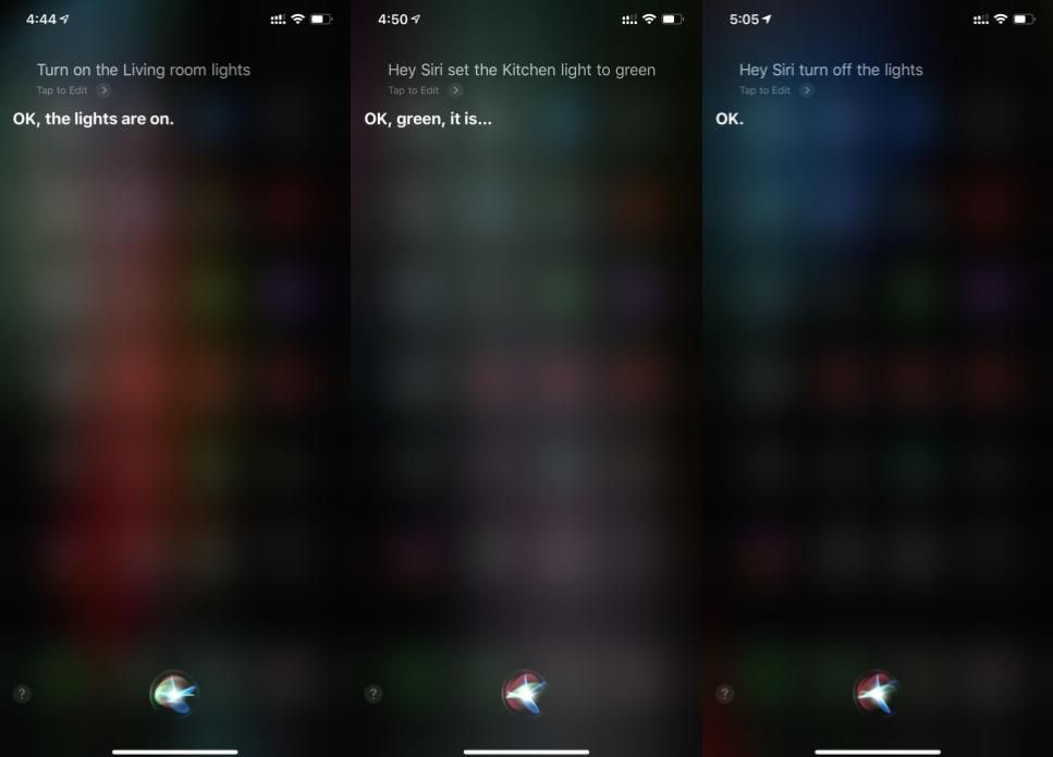 Screenshot ukazující, jak zapnout světla pomocí Siri.