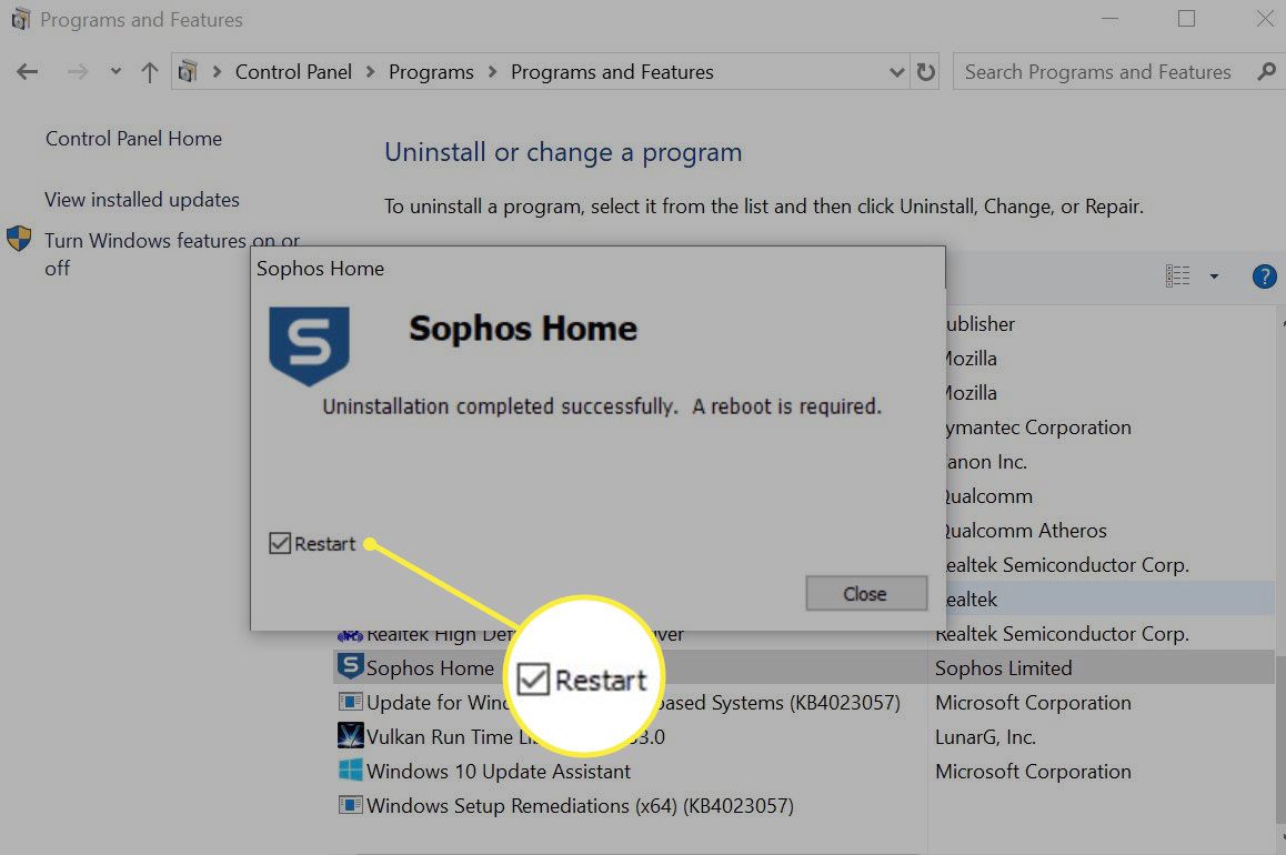 Úspěšná odinstalace Sophos