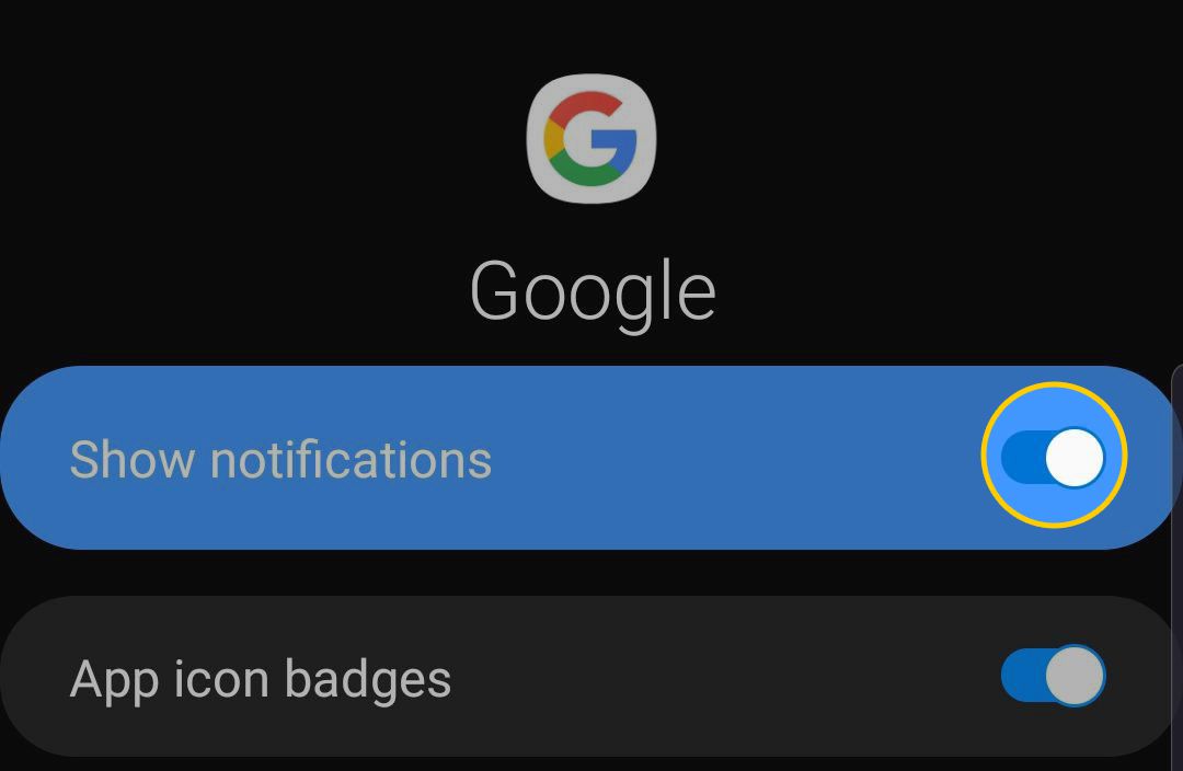 Přepínač oznámení aplikace Google