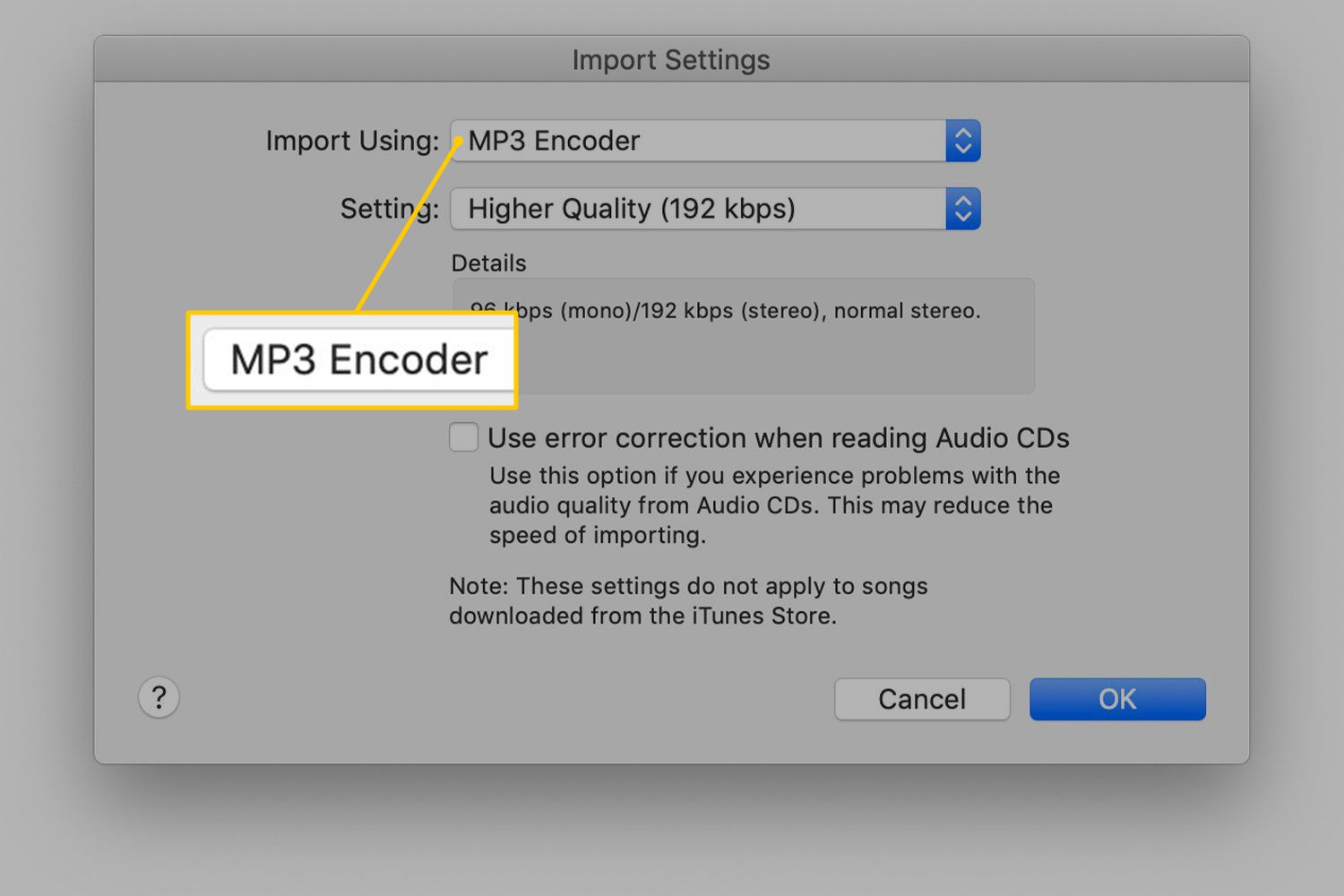Kodér MP3 v nastavení importu iTunes