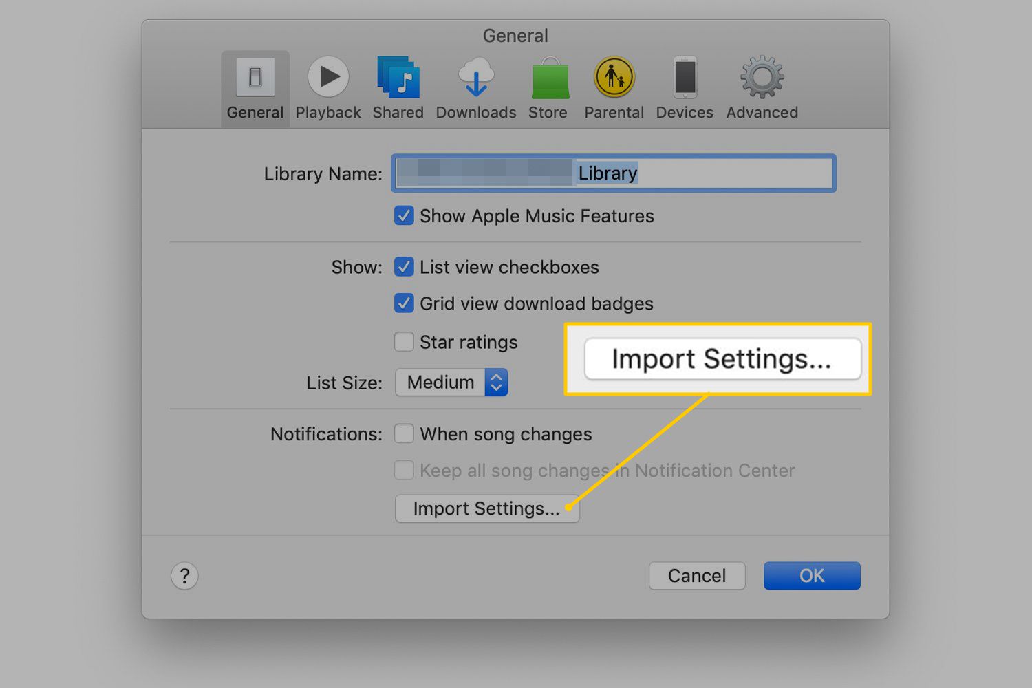 Tlačítko Importovat nastavení v předvolbách iTunes