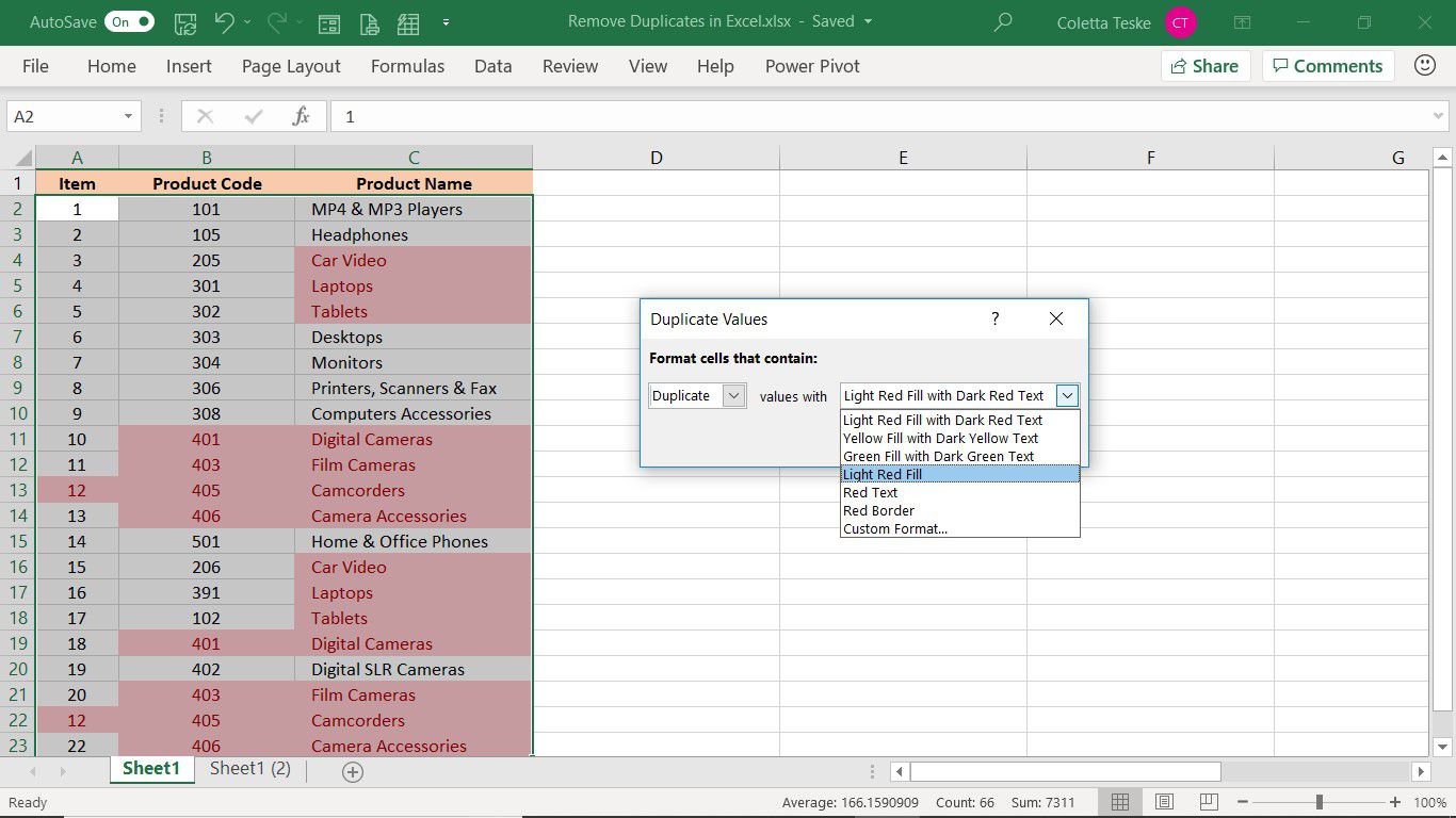 V dialogovém okně Duplikovat hodnoty v aplikaci Excel vyberte zvýraznění pro podmíněné formátování duplicitních dat