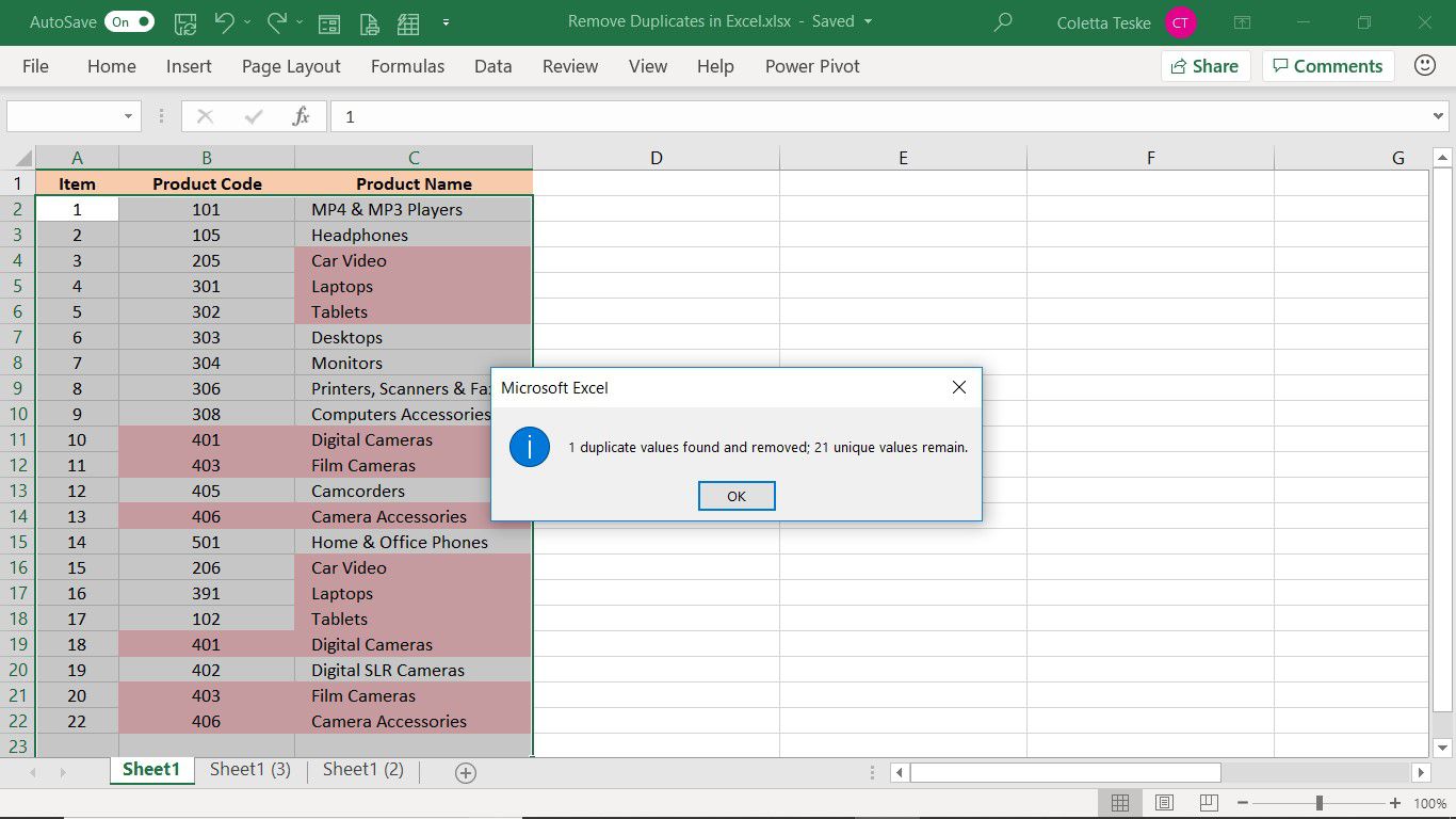 Excel zobrazující počet duplikátů hodnot, které byly nalezeny a odstraněny