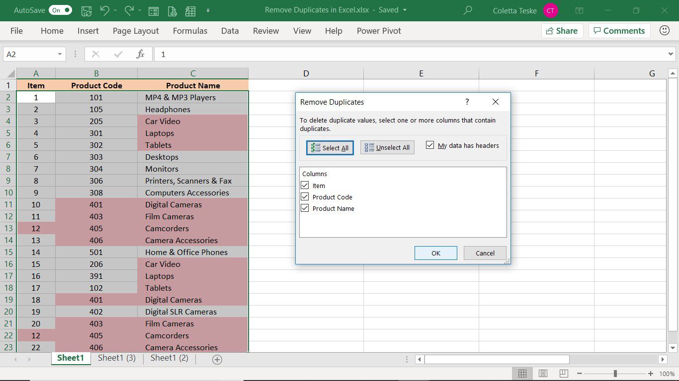 Dialogové okno Odebrat duplikáty, které ukazuje, jak odstranit duplikáty v aplikaci Excel