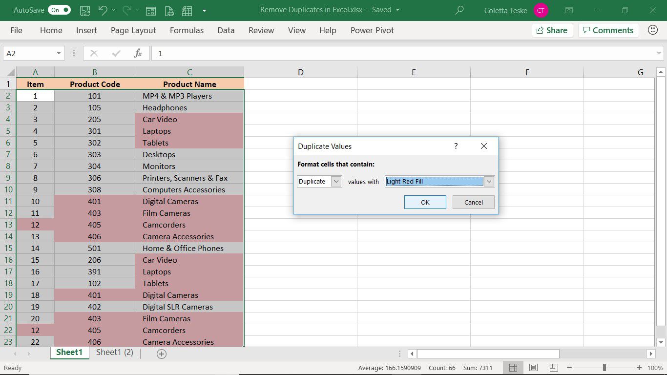 Dialogové okno Duplikovat hodnoty v aplikaci Excel ukazuje, jak odstranit duplikáty v aplikaci Excel