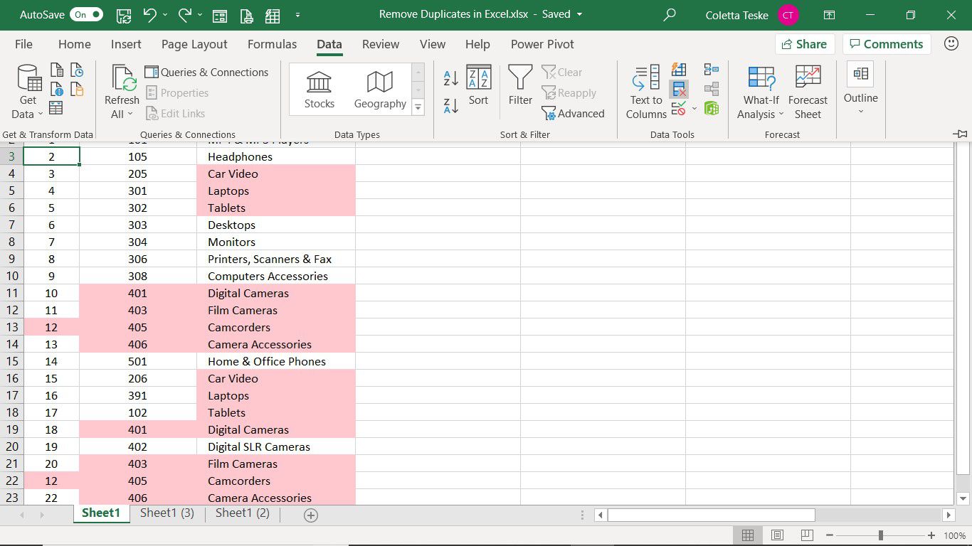 Karta Data v aplikaci Excel zobrazující nástroj Odebrat duplikáty