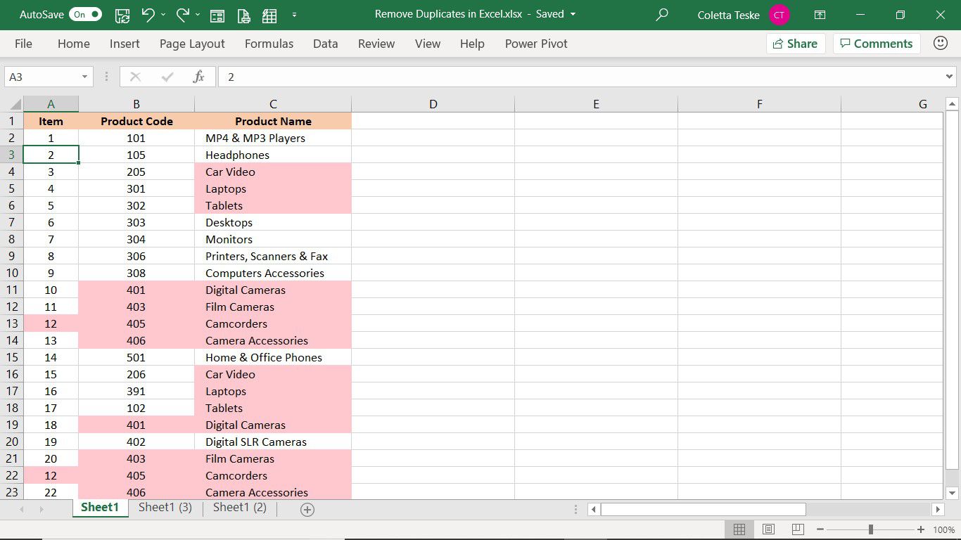 List aplikace Excel s duplicitními řádky