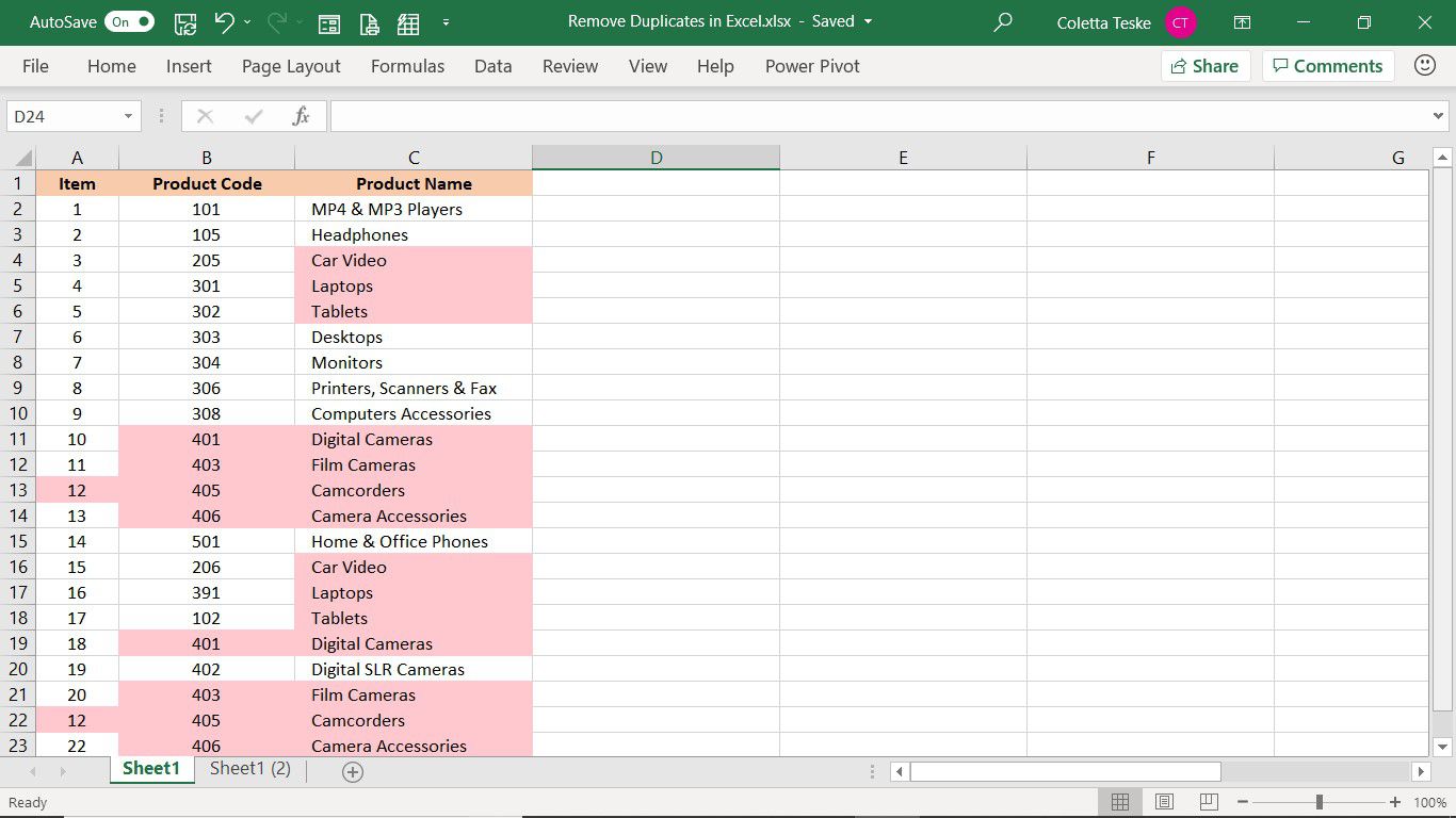 Zvýraznění použité v podmíněném formátování ukazuje, jak se zbavit duplikátů v aplikaci Excel