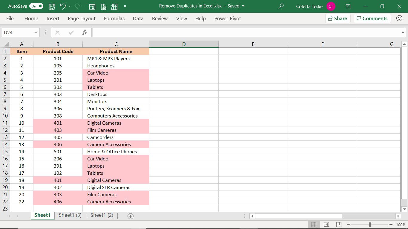 Výsledek nástroje Odebrat duplikáty v aplikaci Excel