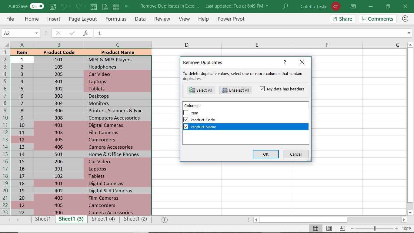 Dialogové okno Odebrat duplikáty k odstranění duplicitních řádků v aplikaci Excel