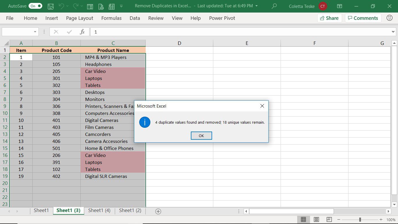 Potvrzení aplikace Microsoft Excel o počtu duplikátů odstraněných v aplikaci Excel