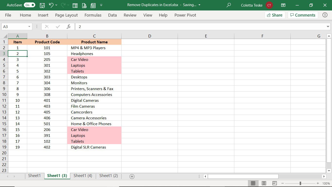 Výsledek nástroje Odebrat duplikáty v aplikaci Excel k odstranění řádků na základě duplikátů ve vybraných sloupcích