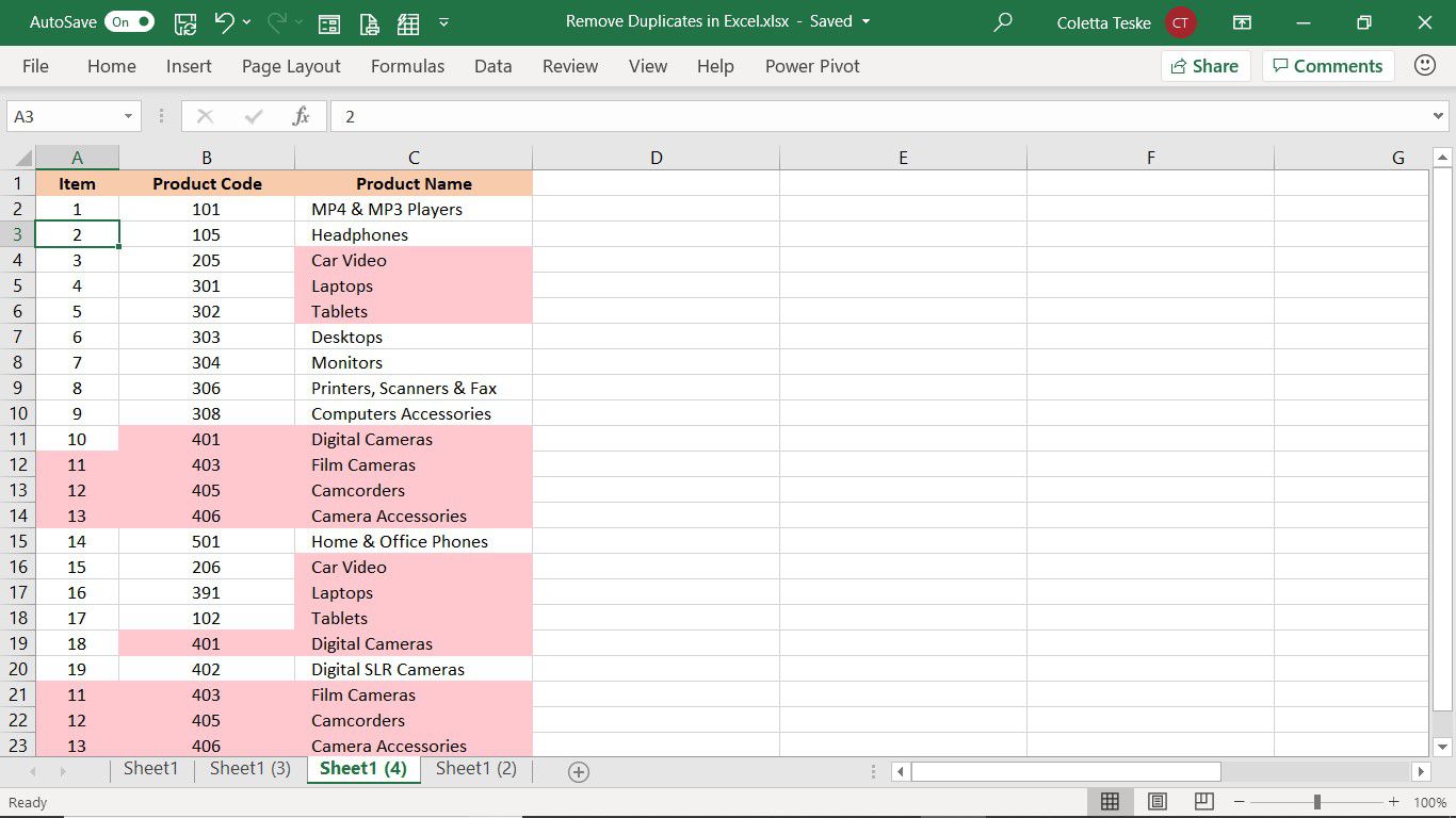 Vybraná data k filtrování duplikátů v aplikaci Excel