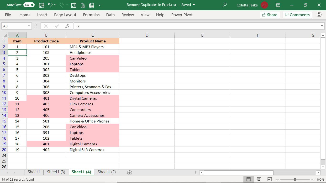 Výsledek rozšířeného filtru k odstranění duplicitních řádků v aplikaci Excel