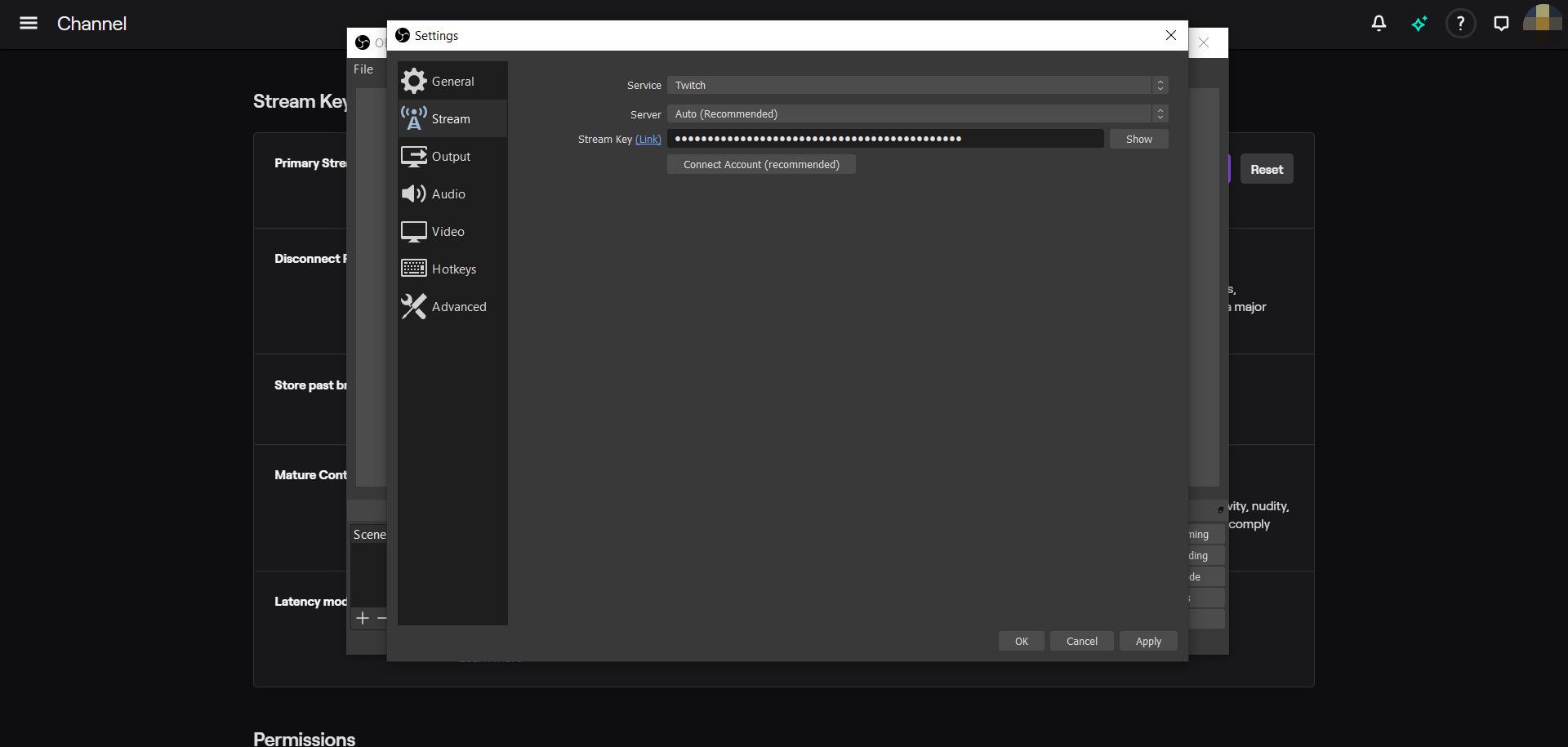 Screenshot klíče Twitch streamu zadaného v OBS Studio
