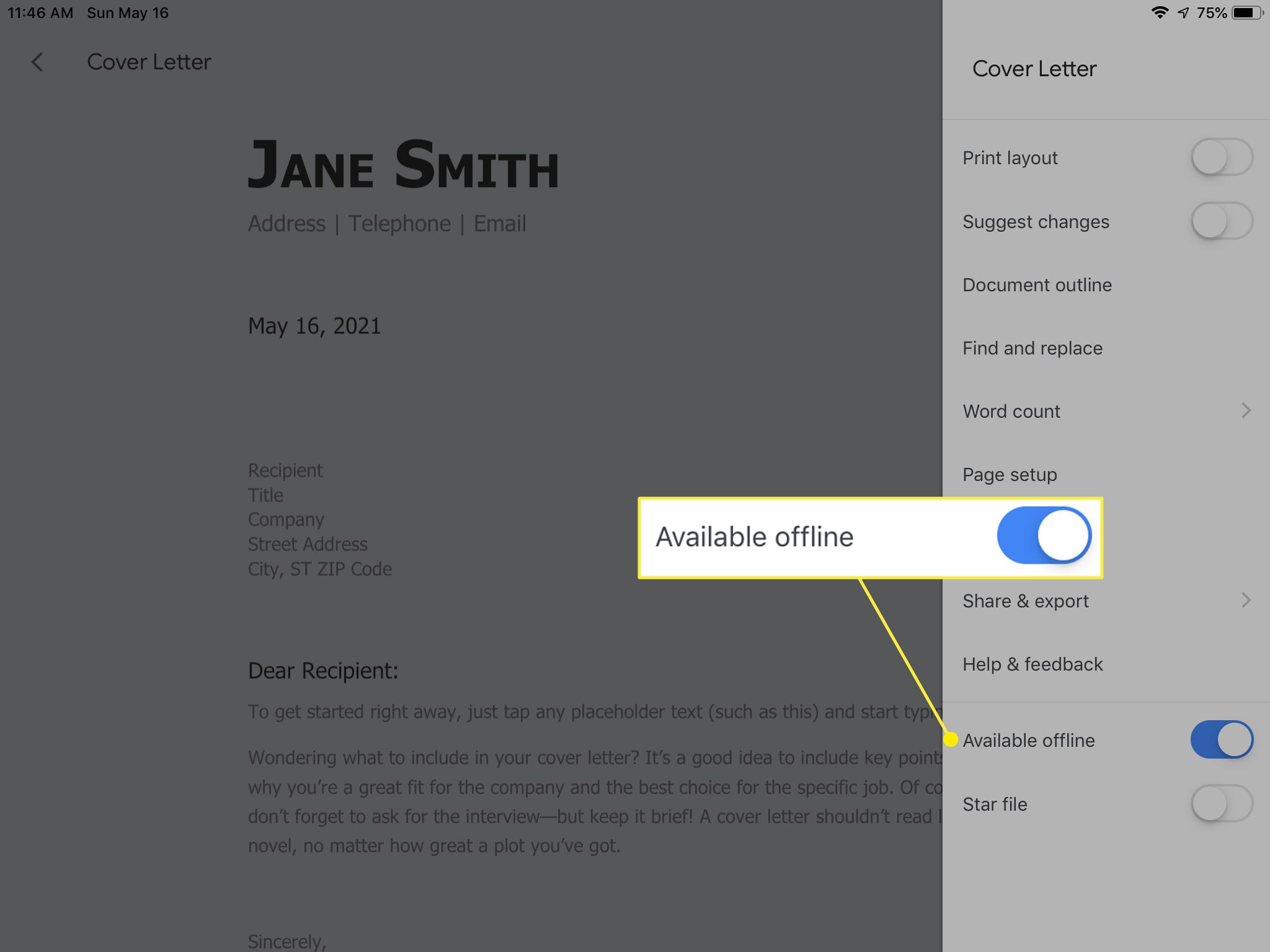 Možnost Dostupné offline v aplikaci Dokumenty Google pro iPad