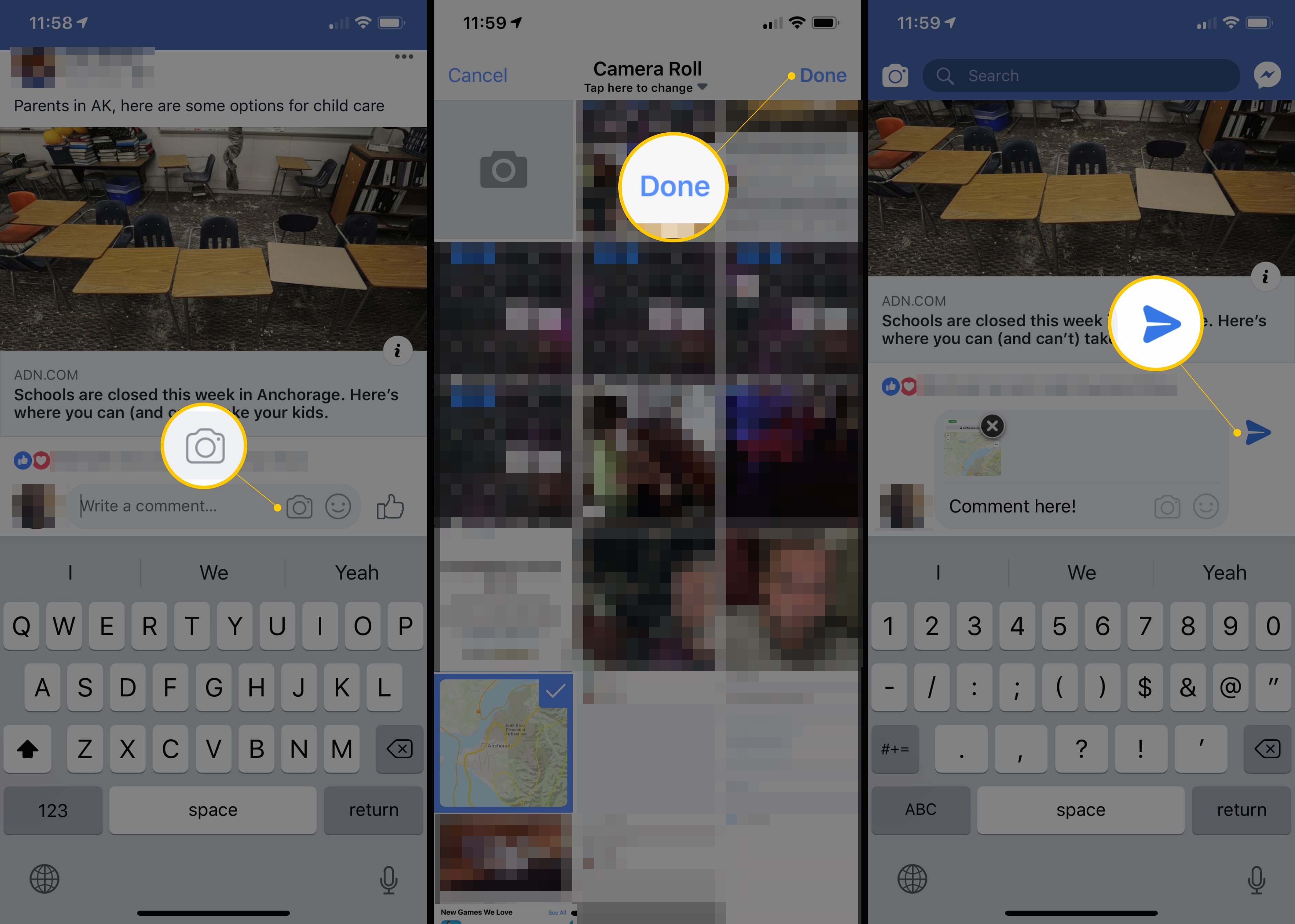 Tři obrazovky iOS pro Facebook s ikonou fotoaparátu, tlačítkem Hotovo a tlačítkem Odeslat