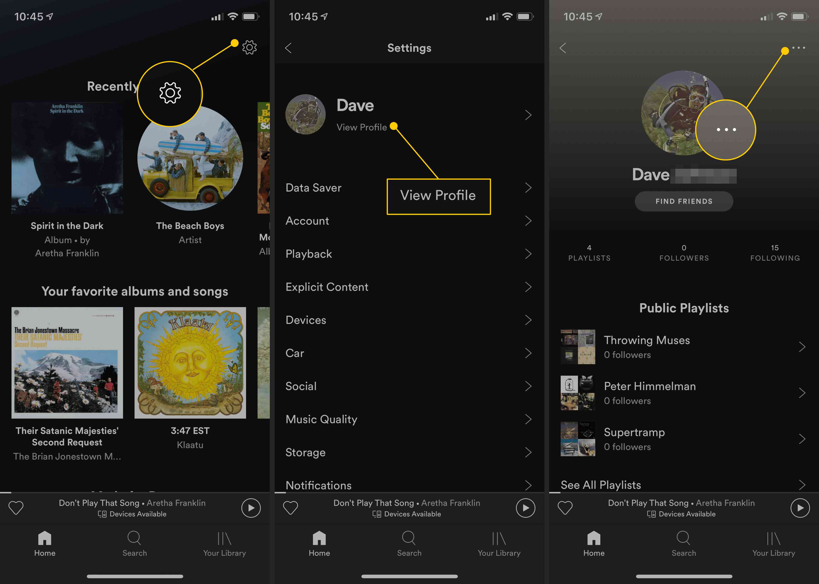 Ikona ozubeného kola, tlačítko Zobrazit profil, nabídka se třemi tečkami v mobilní aplikaci Spotify