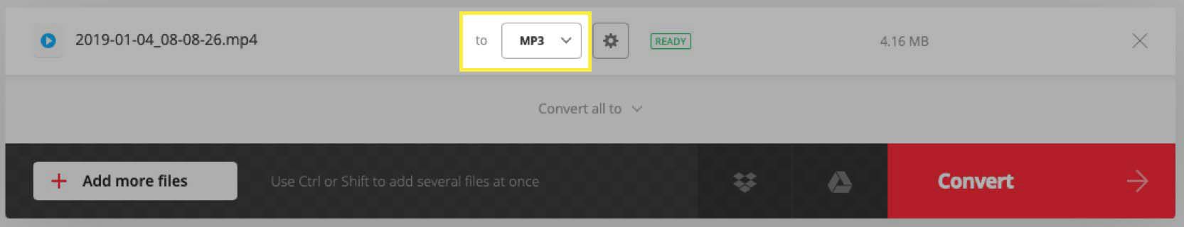 Potvrďte formát souboru MP3 v rozhraní aplikace Convertio.