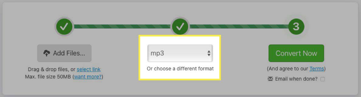 Formát MP3 vybraný v rozevírací nabídce.