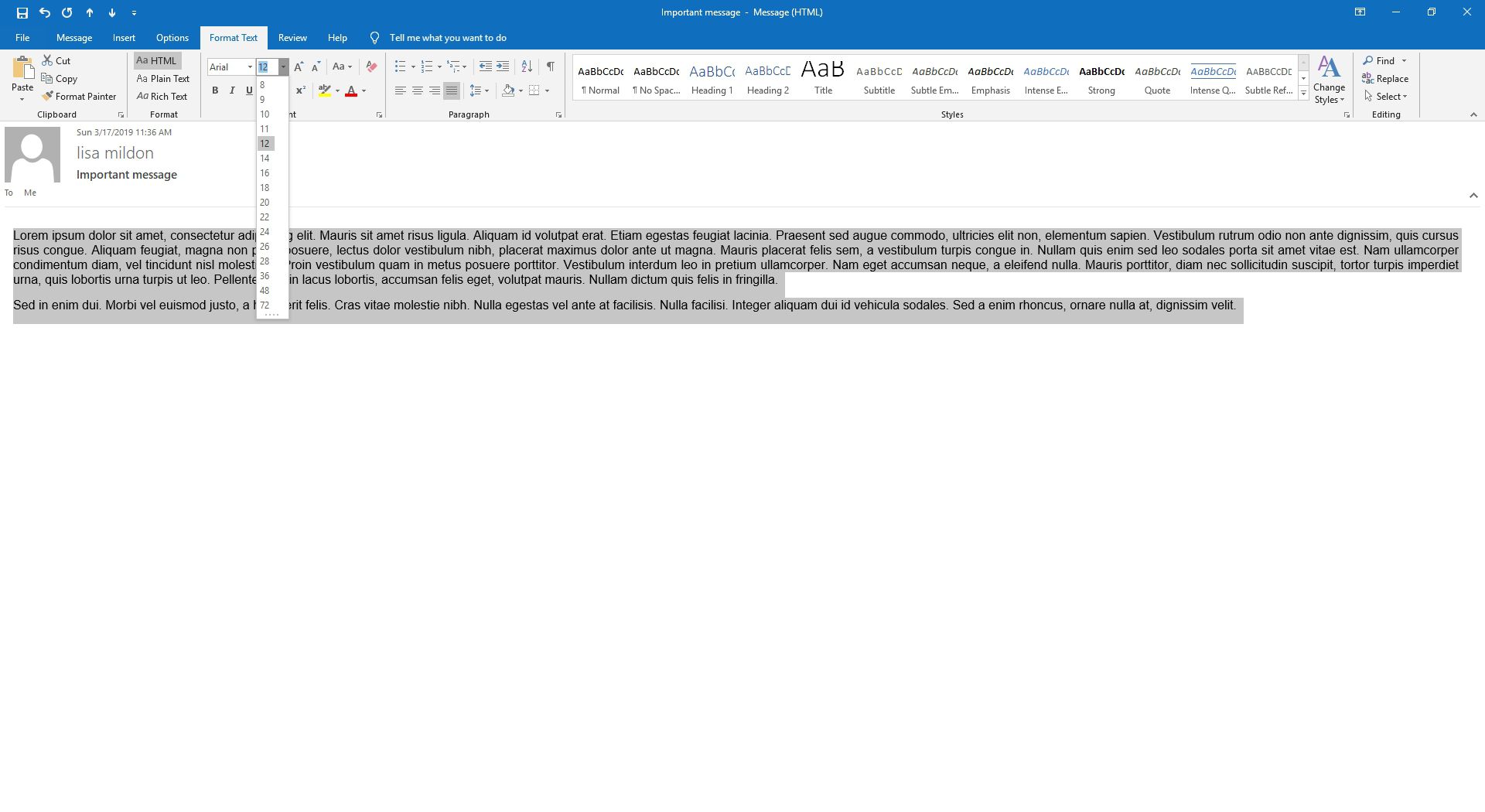 E-mail aplikace Outlook se zobrazenou nabídkou Velikost písma