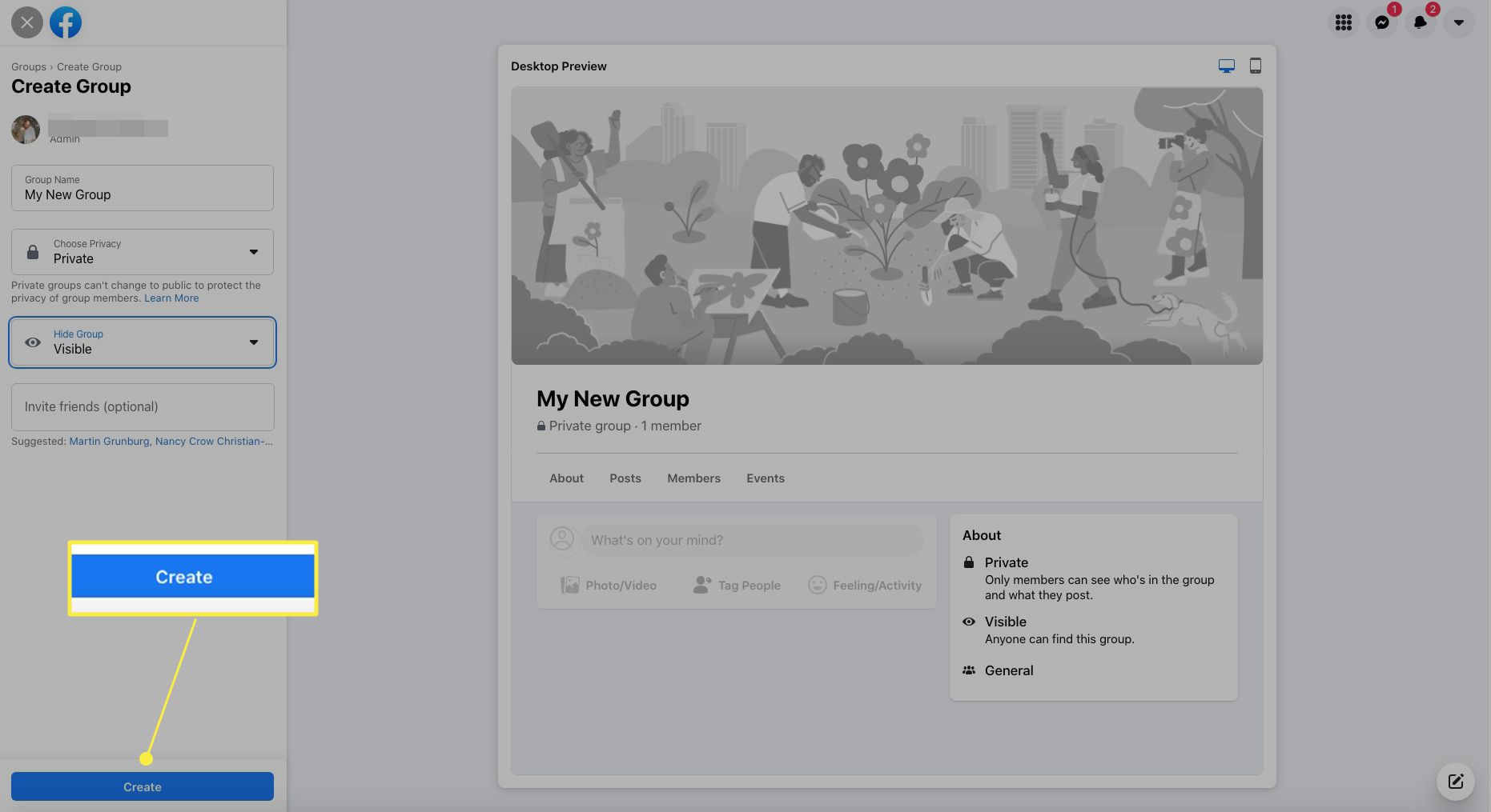 Vytvoření skupiny na Facebooku se zvýrazněnou položkou Vytvořit