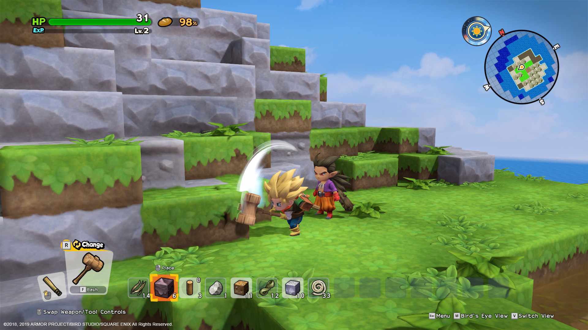 Hrdina shromažďuje materiály v Dragon Quest Builders 2