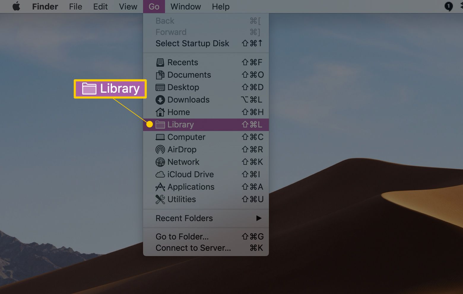 Složka knihovny zobrazená v nabídce Přejít na MacOS Finder