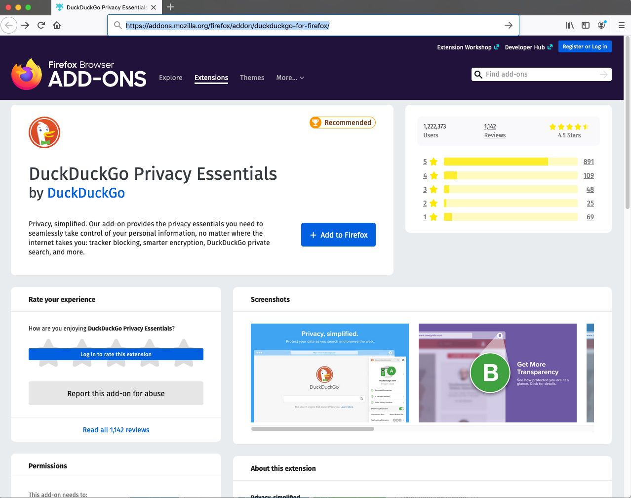 Najděte DuckDuckGo Privacy Essentials na stránce Doplněk Mozilla Firefox.