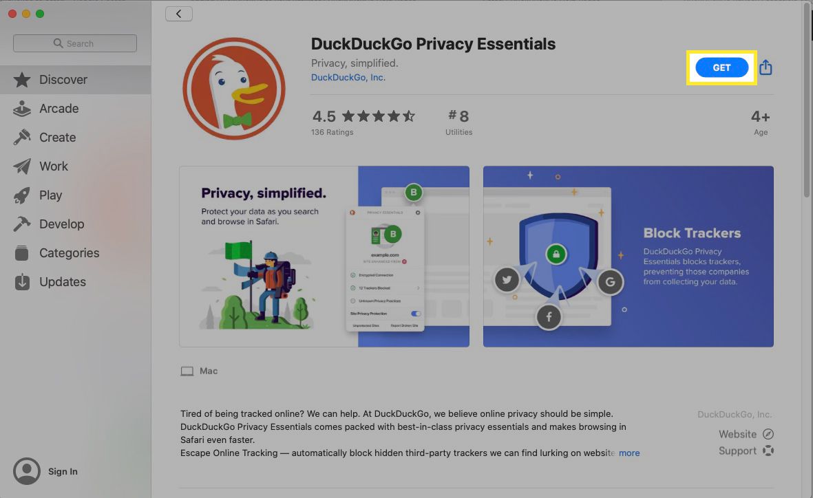 Přejděte na rozšíření DuckDuckGo Safari v Mac App Store a vyberte Získat.