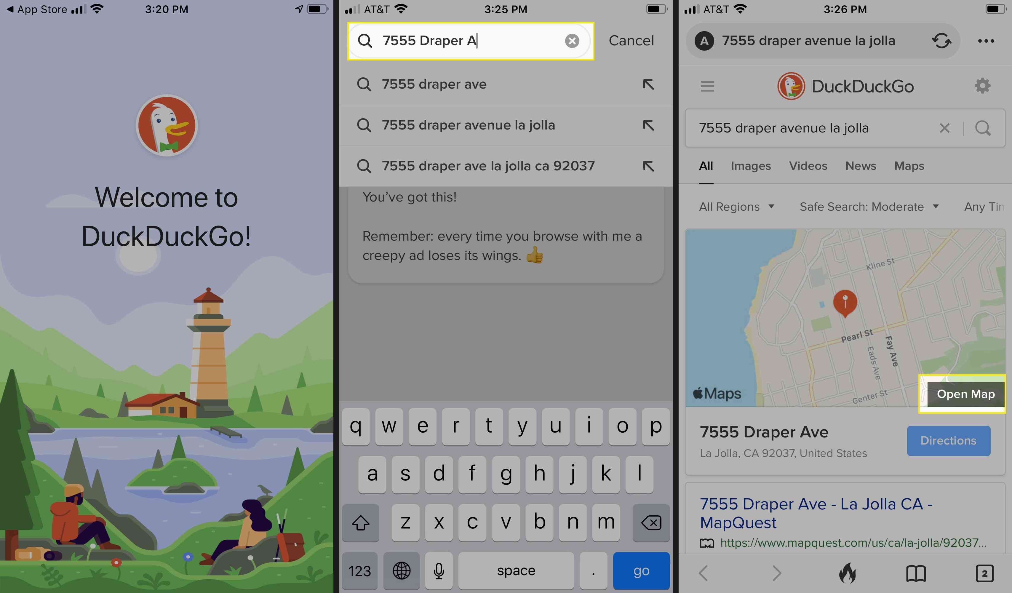 Hledání mapy v mobilní aplikaci DuckDuckGo