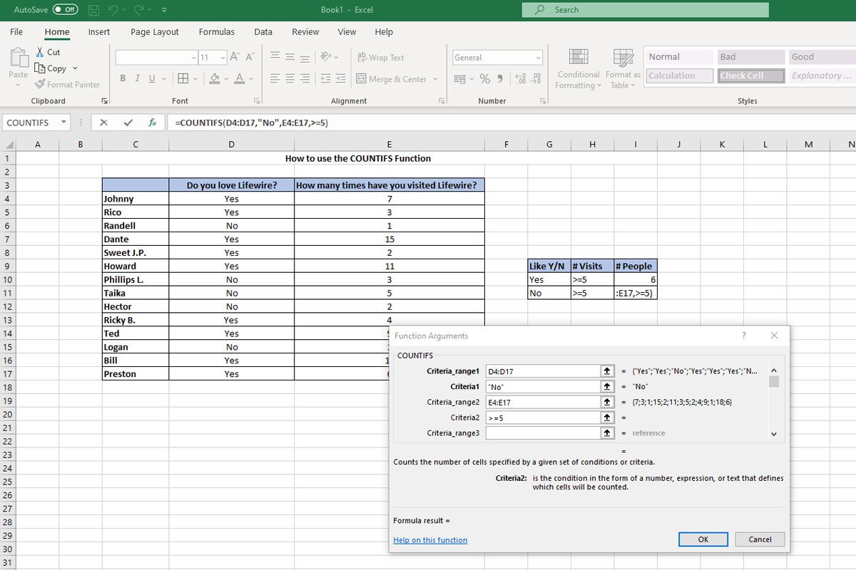 Funkce COUNTIFS v aplikaci Excel