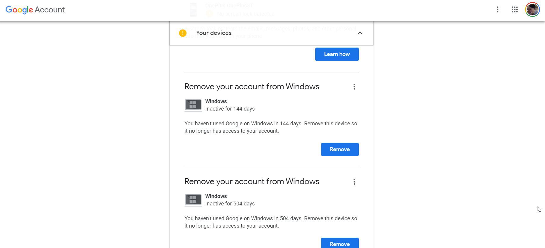 Screenshot odebrání autorizace účtu Google na zařízeních