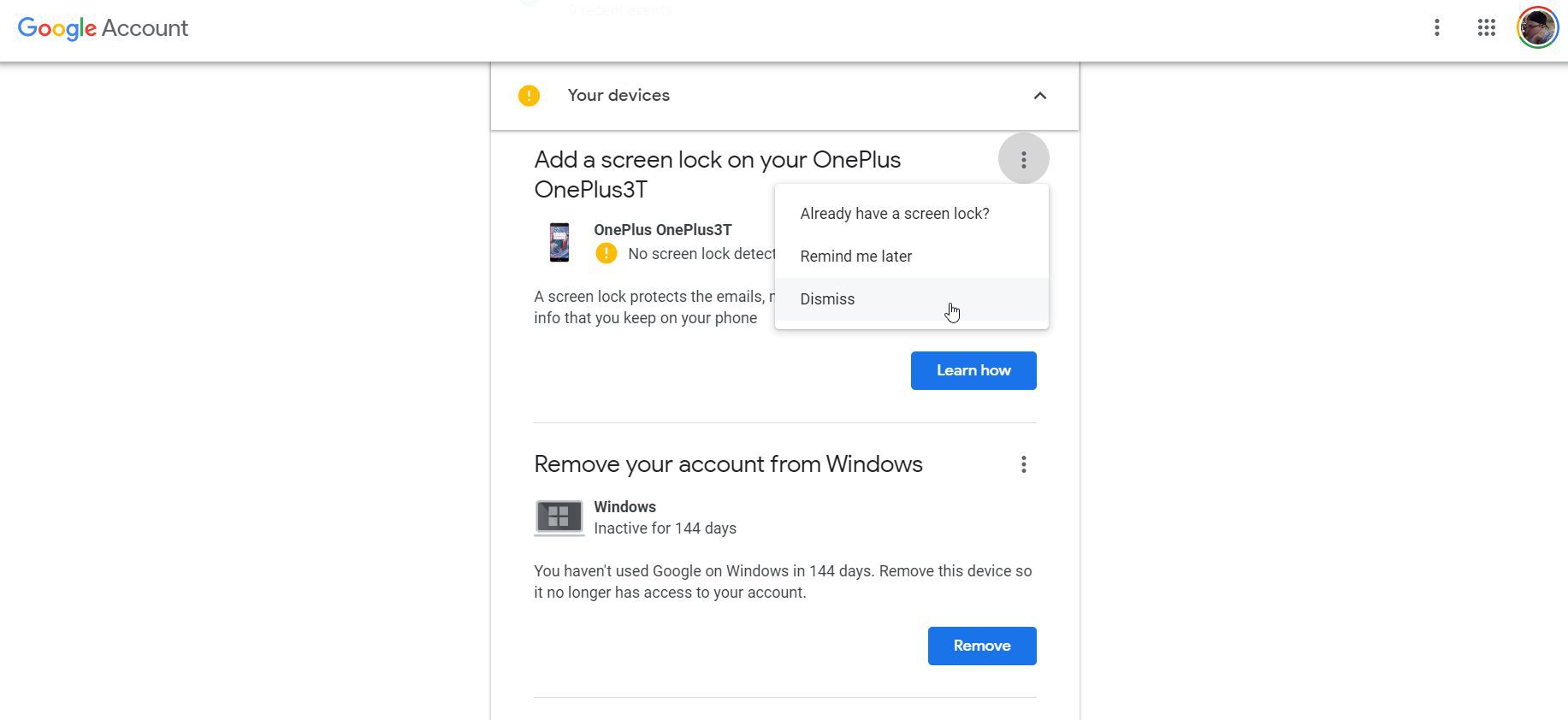 Screenshot bezpečnostního upozornění na nastavení zařízení Google
